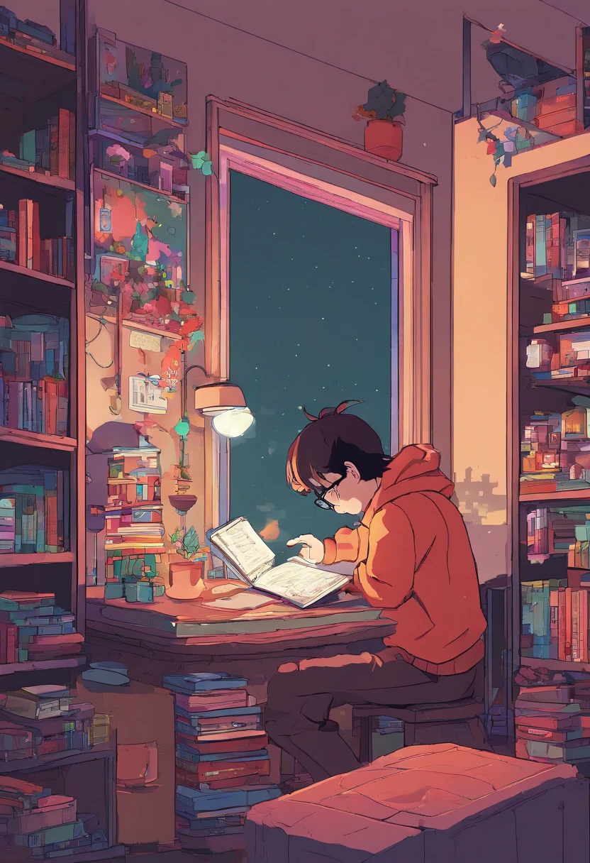 Side view, studying in the room, Reading a book, wears glasses , Night lights, Neon landscape on a rainy day,, Lo-fi hip-hop , retrospective, flat, 2.5D ,line drawn, Ink drawing, Large slope, Watercolor painting, Spray color, Studio Ghibli Style, Awesome colorful, Outer tons, synthetic wave, Lofi art,90s style,Old textures, amplitude,