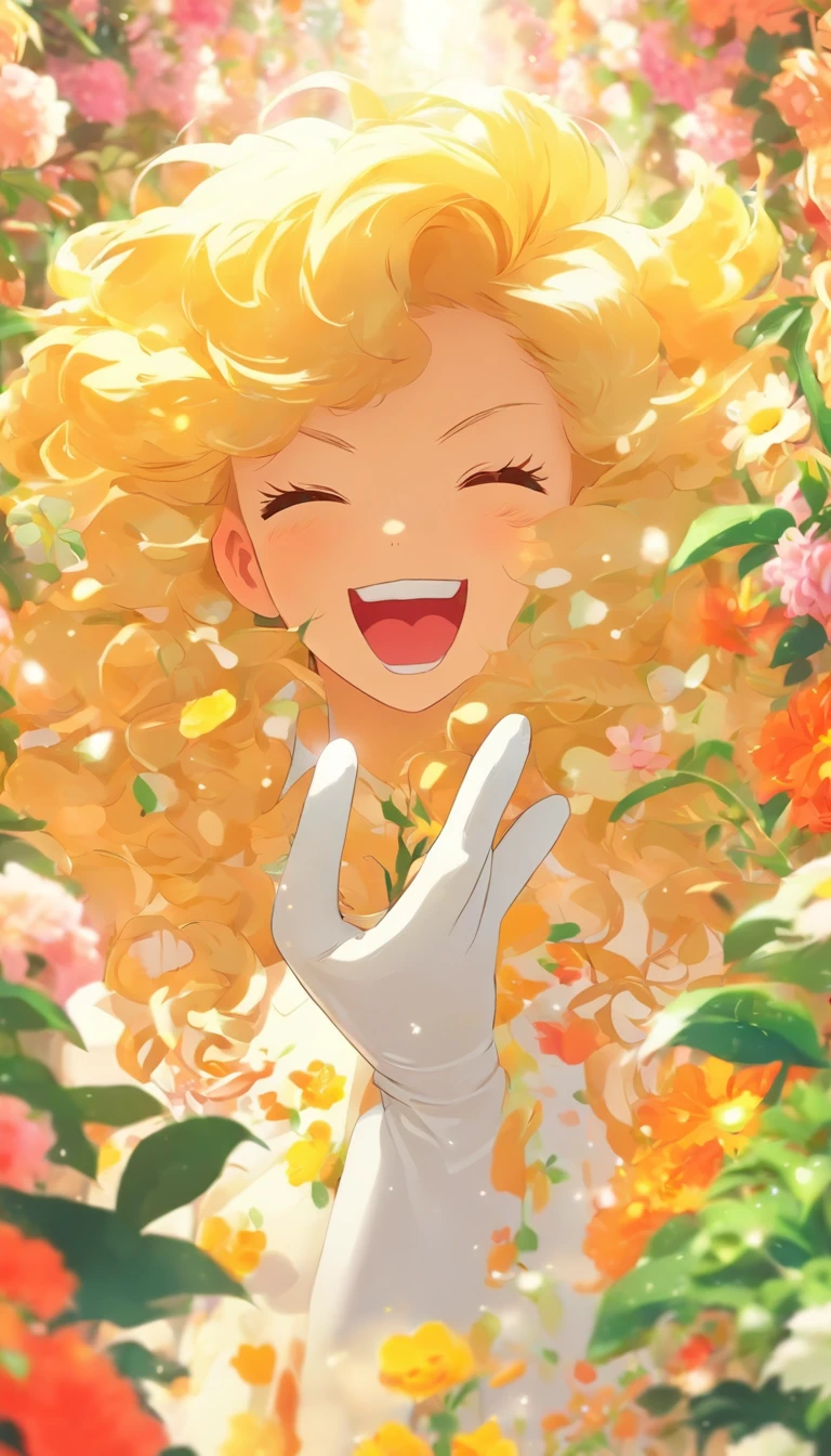 A talented florist girl in a florist trims a huge flower in a florist wearing white gloves with scissors，Japanese manga style，Her long hair is pale yellow，Wear an apron，A room full of potted flowers and plants，Falling petals，Troublesome kittens，Japanese healing system