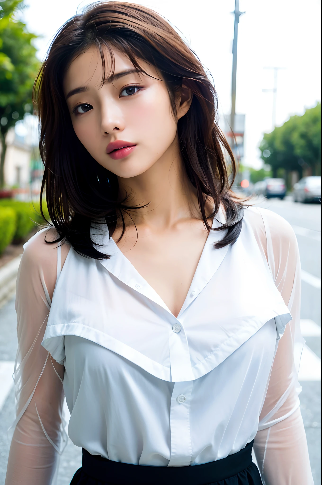 ((Best Quality, 8K, Masterpiece: 1.3)), Sharp: 1.2, Perfect Body Beauty: 1.4, Slim Abs: 1.2, ((Layered Hairstyle, Big Breasts: 1.2)), (Wet White Button Long Shirt: 1.1), (Rain, Street: 1.2), Wet: 1.5, Highly detailed face and skin texture, detailed eyes, double eyelids, side face looking at the camera