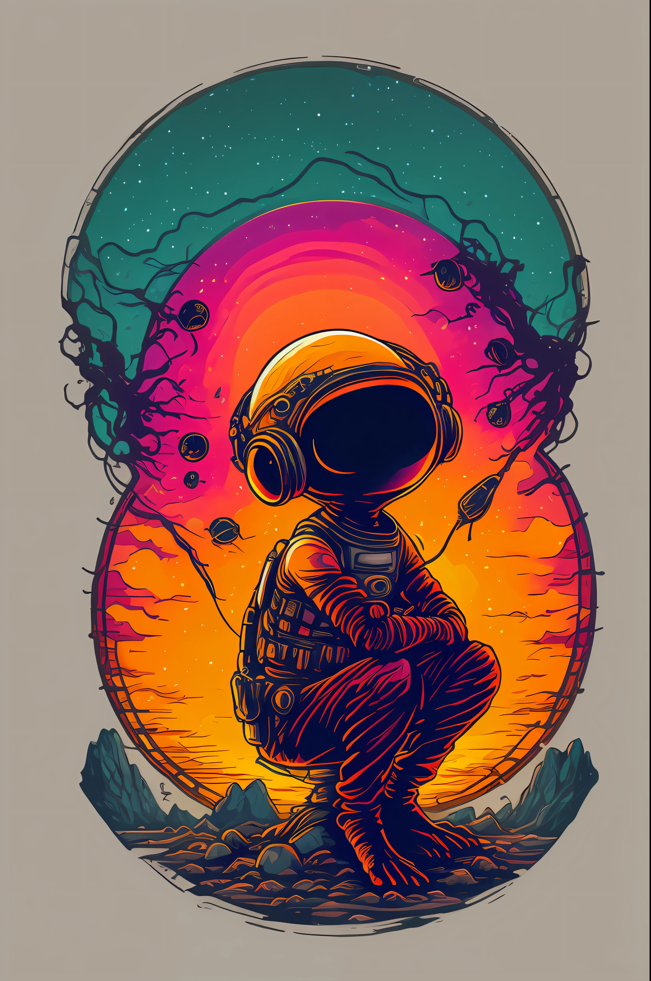 An alien sitting on a rock in a relaxed position, with a headset, in a circle, with white background and art vector style, in a vibrant and characteristic sunset, with detailed and sharp outline, as a t-shirt logo in the style of art