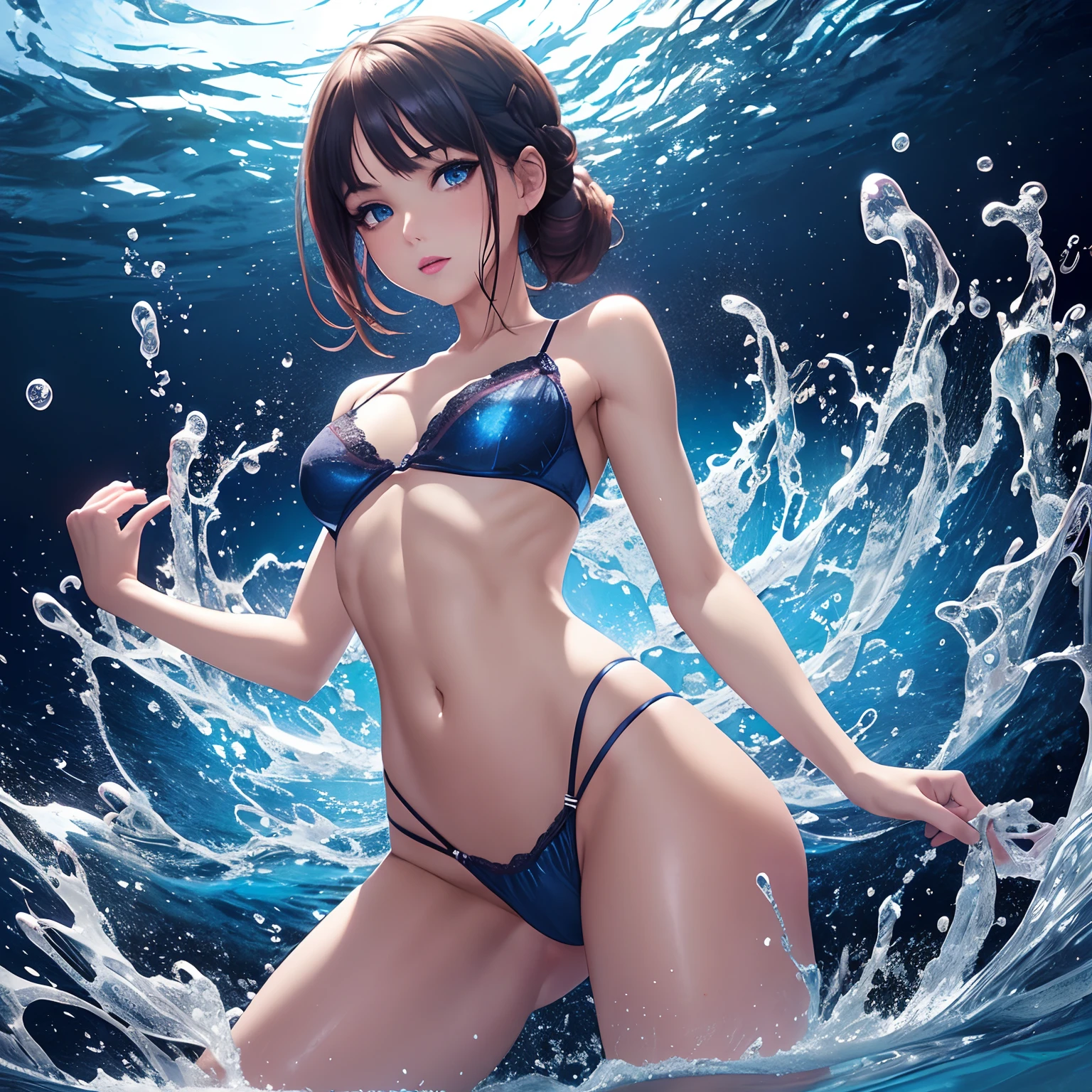 solo, finest image, woman, girl, sexy, beautiful, cute, amorous expression, lewd expression, ecstasy, orgasm, glossy braided bangs short single bun hair, blue sparkling big eyes, red alluring moist lips, (flat chest:1.4), abs, ass, slender, long thin legs, lace see-through lingerie, background splash water, professional lighting