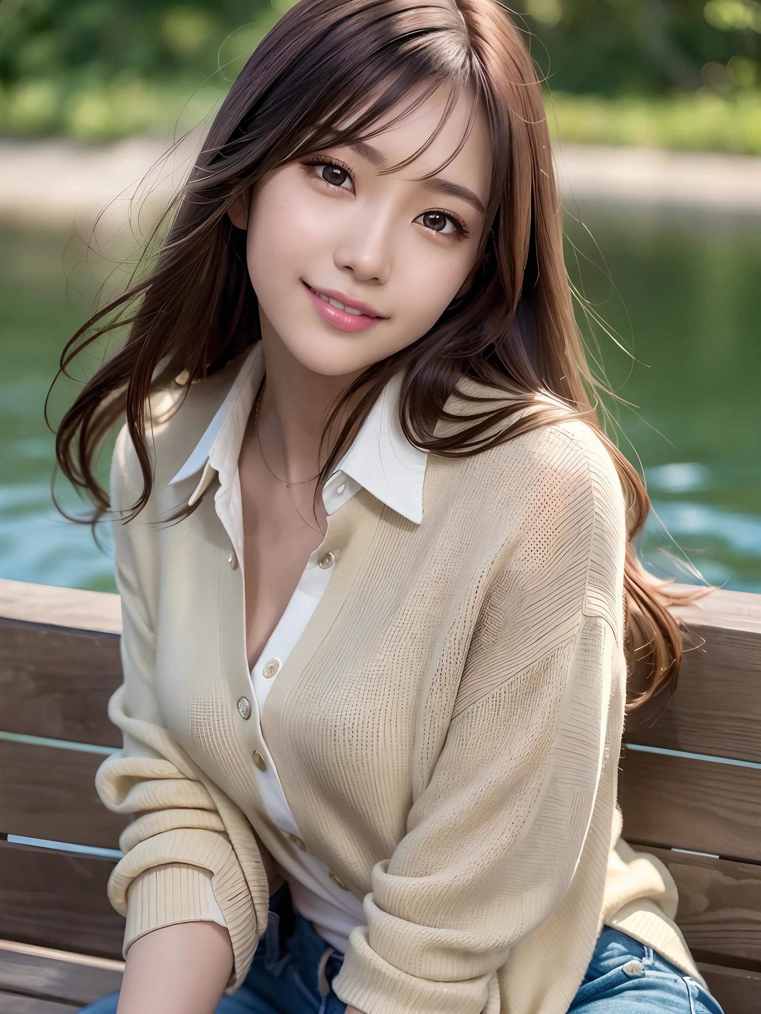 product quality, 1 girl, an upper body shot, front view, a Japanese young pretty girl, long bob hair, wearing a marriage ring, sitting with a big smile on a bench by the sea, wearing a long length light yellow cardigan over a satin silk white shirt with collared, wearing light brown long jeans, a canned coffee in her hand, hyper cute face, glossy lips, double eyelids for both eyes, natural makeup, shiny smooth light brown hair of long bob hair, asymmetrical bangs, tanned skin, high resolution, high detail, detailed hairstyle, detailed face, cinematic lighting, octane rendering, hyper realistic, perfect limbs, perfect anatomy