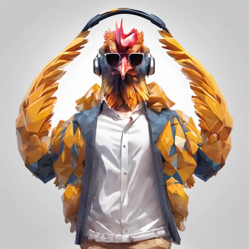 ((Man with a chicken head))、body builder、Only the head is a chicken human、Perfect centering,  Wear a student team jacket, Wearing sunglasses, Wearing headphones, cheerfulness, Standing position, Abstract beauty, Centered, Looking at the camera, Facing the camera, Approaching perfection, Dynamic, Highly detailed, Smooth, Sharp Focus, 8K, hight resolution, Illustration, art by carne griffiths and wadim kashin, White background、total、Full Body Angle、flying though the air