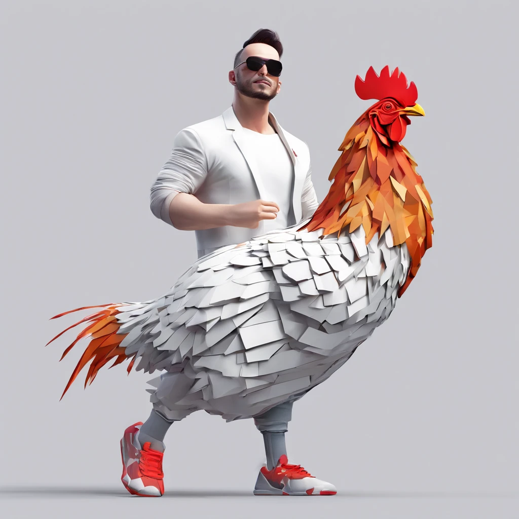 ((Man with a chicken head))、body builder、Only the head is a chicken human、Perfect centering, Wear a student team jacket, Wearing sunglasses, Wearing headphones, cheerfulness, Standing position, Abstract beauty, Centered, Looking at the camera, Facing the camera, Approaching perfection, Dynamic, Highly detailed, Smooth, Sharp Focus, 8K, hight resolution, Illustration, art by carne griffiths and wadim kashin, White background、total、Full Body Angle、flying though the air