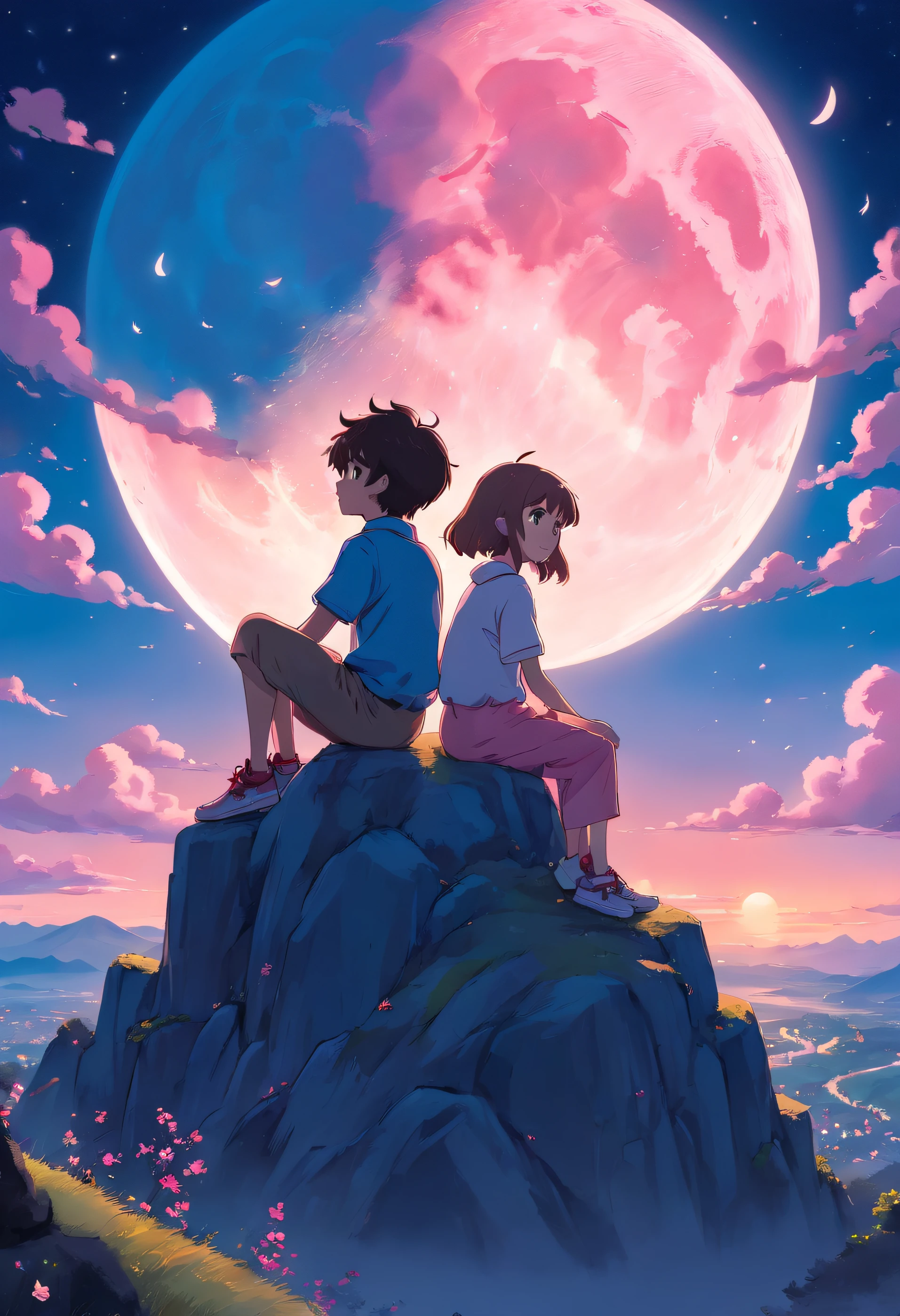 a cartoon boy and girl sitting atop hill  in front of a full moon, pink heart shaped craters on the blue moon, adorable digital painting, cute detailed digital art, digital anime illustration, cute digital art, cyril rolando and goro fujita, lois van baarle and rossdraws, cute art style