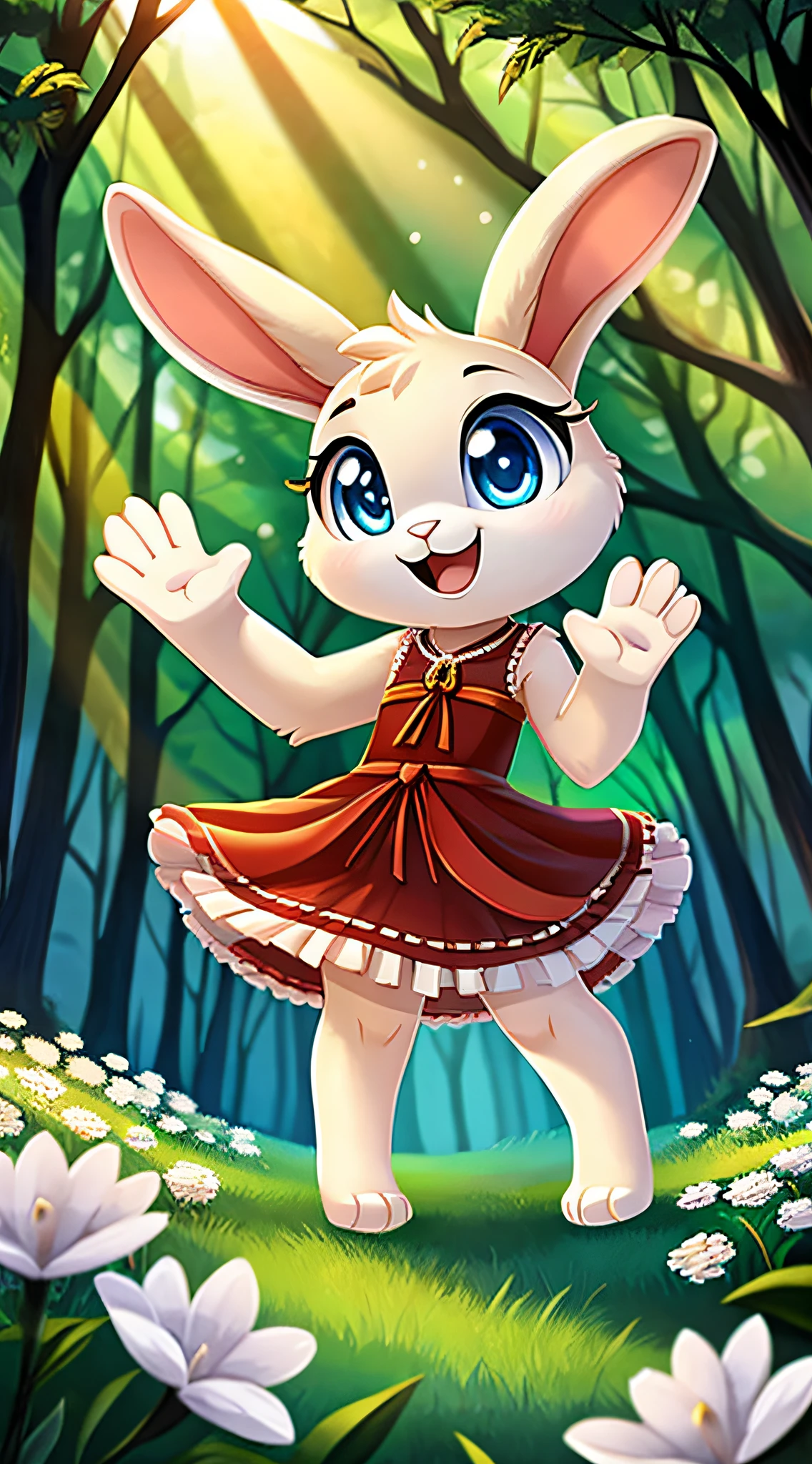 zoomed out image, fantasy style art, cute, adorable, short character, small, tiny little fluffy female white bunny with blue eyes, 4 ears, extra ears, both raised and floppy ears, big floppy ears, long ears, ears perked up, raised ears, long eyelashes, poofy rabbit tail, wearing a red frilly ribbon dress, smiling, standing in a forest, big expressive smile, waving hello, one hand raised, one hand down, excited pose, happy to see you, open mouth, wide eyes, excited eyes, excited face, stunning visuals, sunlight coming through the trees, white flowers scattered in the bushes, digital illustration