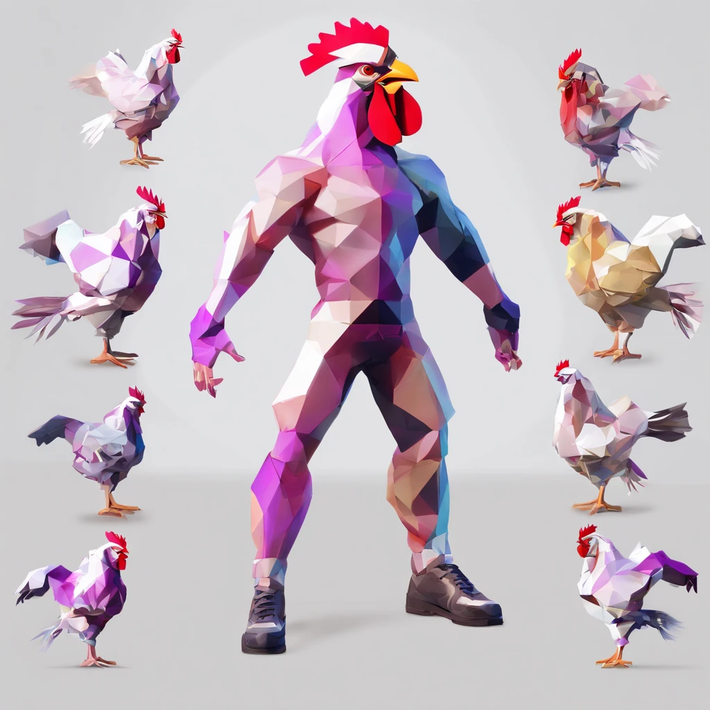 ((Man with a chicken head))、body builder、Only the head is a chicken human、Perfect centering, Wear a student team jacket, Wearing sunglasses, Wearing headphones, cheerfulness, Standing position, Abstract beauty, Centered, Looking at the camera, Facing the camera, Approaching perfection, Dynamic, Highly detailed, Smooth, Sharp Focus, 8K, hight resolution, Illustration, art by carne griffiths and wadim kashin, White background、total、Full Body Angle、flying though the air
