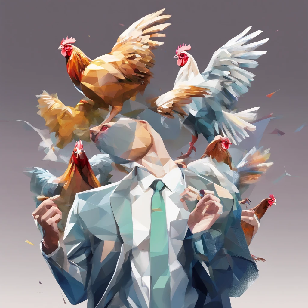 ((Man with a chicken head))、body builder、Only the head is a chicken human、Perfect centering, Wear a student team jacket, Wearing sunglasses, Wearing headphones, cheerfulness, Standing position, Abstract beauty, Centered, Looking at the camera, Facing the camera, Approaching perfection, Dynamic, Highly detailed, Smooth, Sharp Focus, 8K, hight resolution, Illustration, art by carne griffiths and wadim kashin, White background、total、Full Body Angle、flying though the air