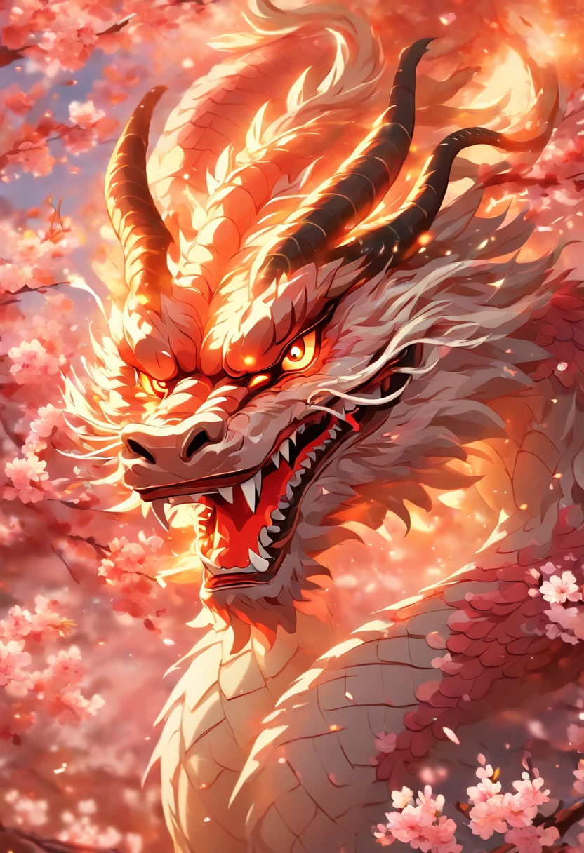 The most ferocious and powerful mythological Japanese dragon, cherry blossoms blowing in the wind, perfect masterpiece, high quality, high resolution