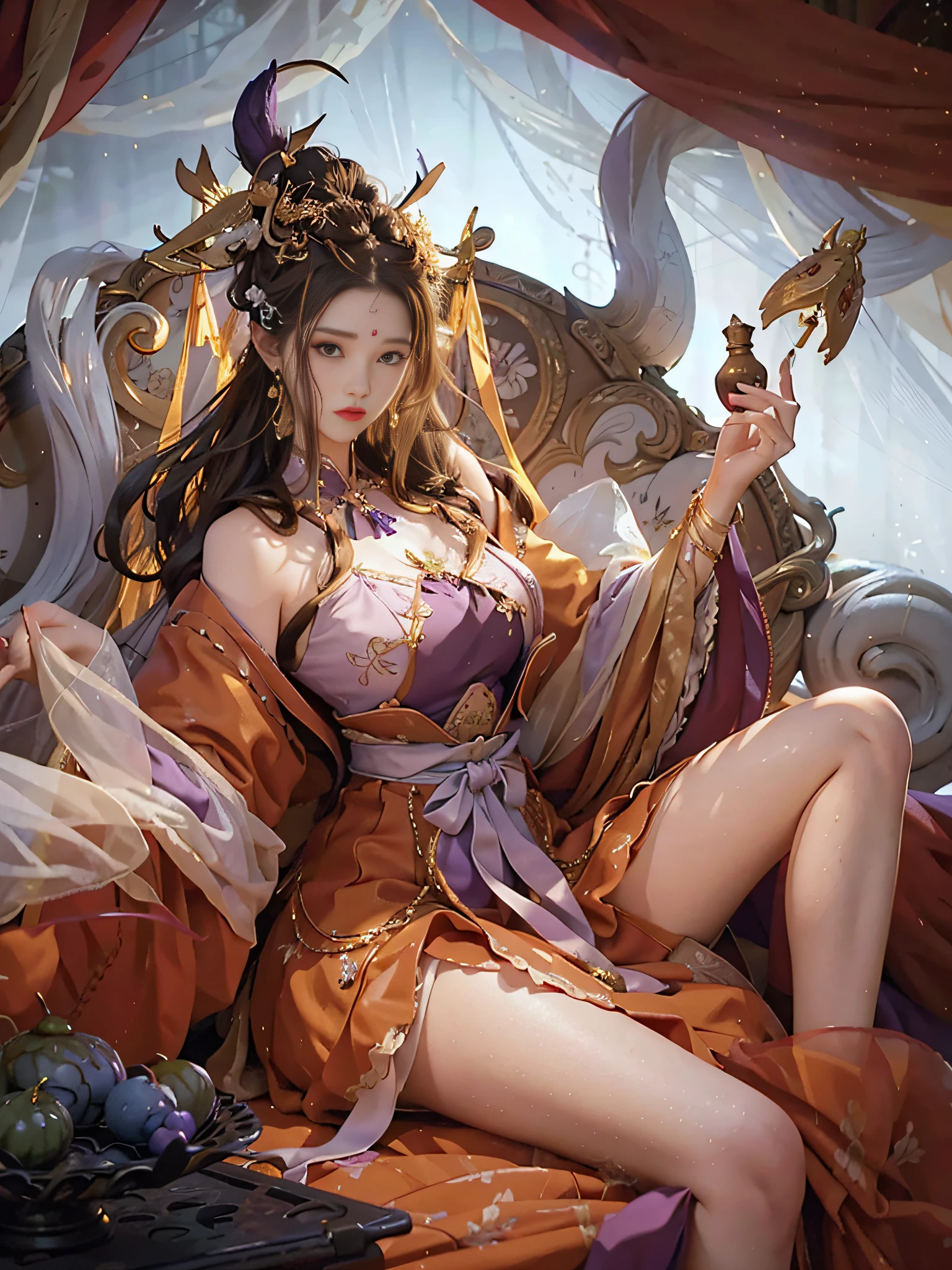 Need,tmasterpiece,A high resolution,(Delicate figure:1.5),Absolutely beautiful,(Milky skin:1.3),exquisitedetails,A high resolution,Wallpapers,1female,独奏,shift dresses,hair adornments,(((Golden purple skirt)) ), florals, long whitr hair, A brown-haired, Keep one's mouth shut, trinkets, longer sleeves, Raise Hand, Wide sleeves, Big eyes, Fluttering, Hanfu, Hanfu, embroidery, long  skirt, natural poses, Fanning,lanterns，16K，HDR，A high resolution，depth of fields，（filmgrain：1.1），Bocoon，prime time，（lens flare glow），Vignette，rainbowing，（Color：1.5），exquisite facial features，Large breasts，Large breasts are exposed