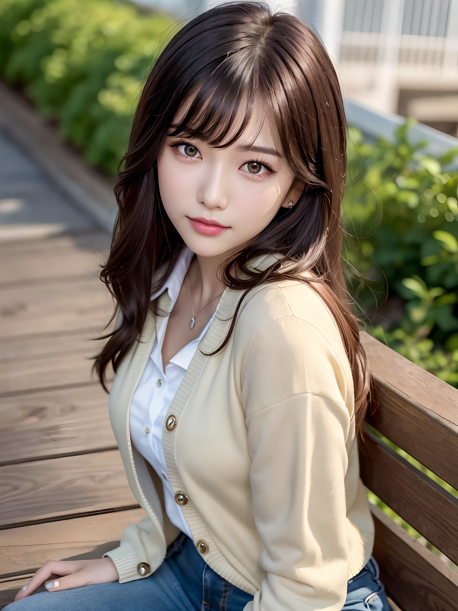 product quality, 1 girl, an upper body shot, front view, a Japanese young pretty girl, long bob hair, wearing a marriage ring, sitting with a big smile on a bench by the sea, wearing a long length light yellow cardigan over a satin silk white shirt with collared, wearing light brown long jeans, a canned coffee in her hand, hyper cute face, glossy lips, double eyelids for both eyes, natural makeup, shiny smooth light brown hair of long bob hair, asymmetrical bangs, tanned skin, high resolution, high detail, detailed hairstyle, detailed face, cinematic lighting, octane rendering, hyper realistic, perfect limbs, perfect anatomy