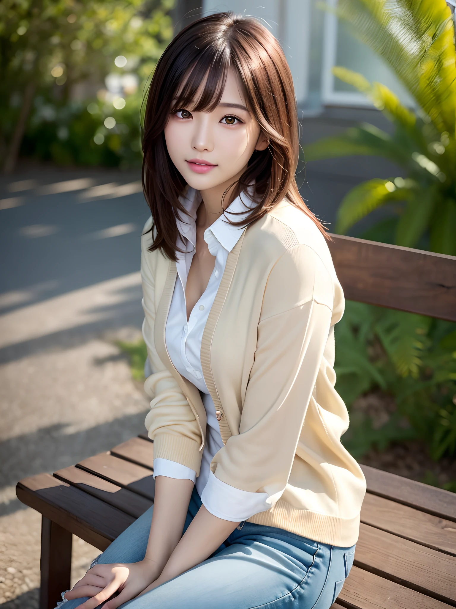 product quality, 1 girl, an upper body shot, front view, a Japanese young pretty girl, long bob hair, wearing a marriage ring, sitting with a big smile on a bench by the sea, wearing a long length light yellow cardigan over a satin silk white shirt with collared, wearing light brown long jeans, a canned coffee in her hand, hyper cute face, glossy lips, double eyelids for both eyes, natural makeup, shiny smooth light brown hair of long bob hair, asymmetrical bangs, tanned skin, high resolution, high detail, detailed hairstyle, detailed face, cinematic lighting, octane rendering, hyper realistic, perfect limbs, perfect ???????