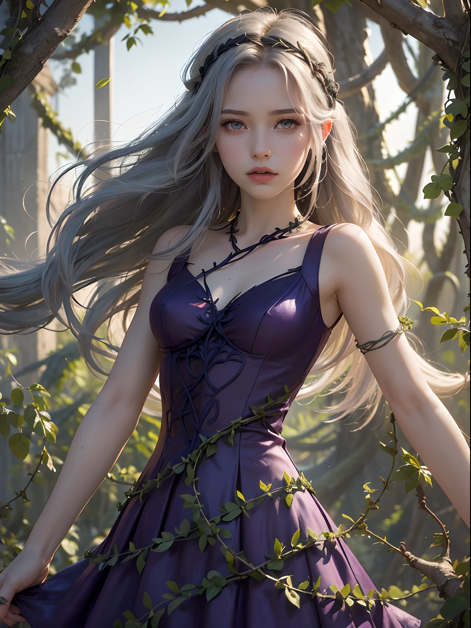 Unbeatable masterpiece, Ultra photo realsisim , Perfect artwork , Intricate details , Best quality , Strong light , High contrast , Dynamic pose , Dutch angle , (Cute 1girl),,(Violet eyes:1.2),Silver hair, Very long hair,(wariza:1.2),Pale skin,Closed mouth,Sad,(Vine headband),
(She wore a dress made of tangled vines:1.5),(Flat chest:1.2),(vine dress:1.4),(Dress made of vines:1.2),(Surrounded by vines:1.4),
(despair:1.3),Gothic,
(Dark yellow vines:1.3),Leaves,(Vine tree:1.1),
(Dawn light:1.2),Violet,
(Heavy monochrome:1.16),(Depth of field:1.4),