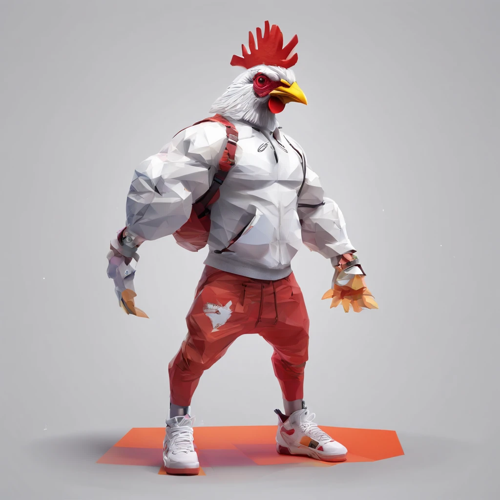 an avenging and strong rooster in a human body in completely with a pulsing vein, he will be on a soccer field that in the background will be lit with neon. In his hands the rooster will be holding a real heart with blood flowing out.