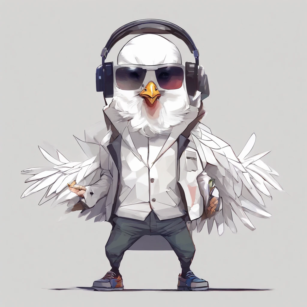 ((Man with a chicken head))、body builder、Only the head is a chicken human、Perfect centering, Wear a student team jacket, Wearing sunglasses, Wearing headphones, cheerfulness, Standing position, Abstract beauty, Centered, Looking at the camera, Facing the camera, Approaching perfection, Dynamic, Highly detailed, Smooth, Sharp Focus, 8K, hight resolution, Illustration, art by carne griffiths and wadim kashin, White background、total、Full Body Angle、flying though the air