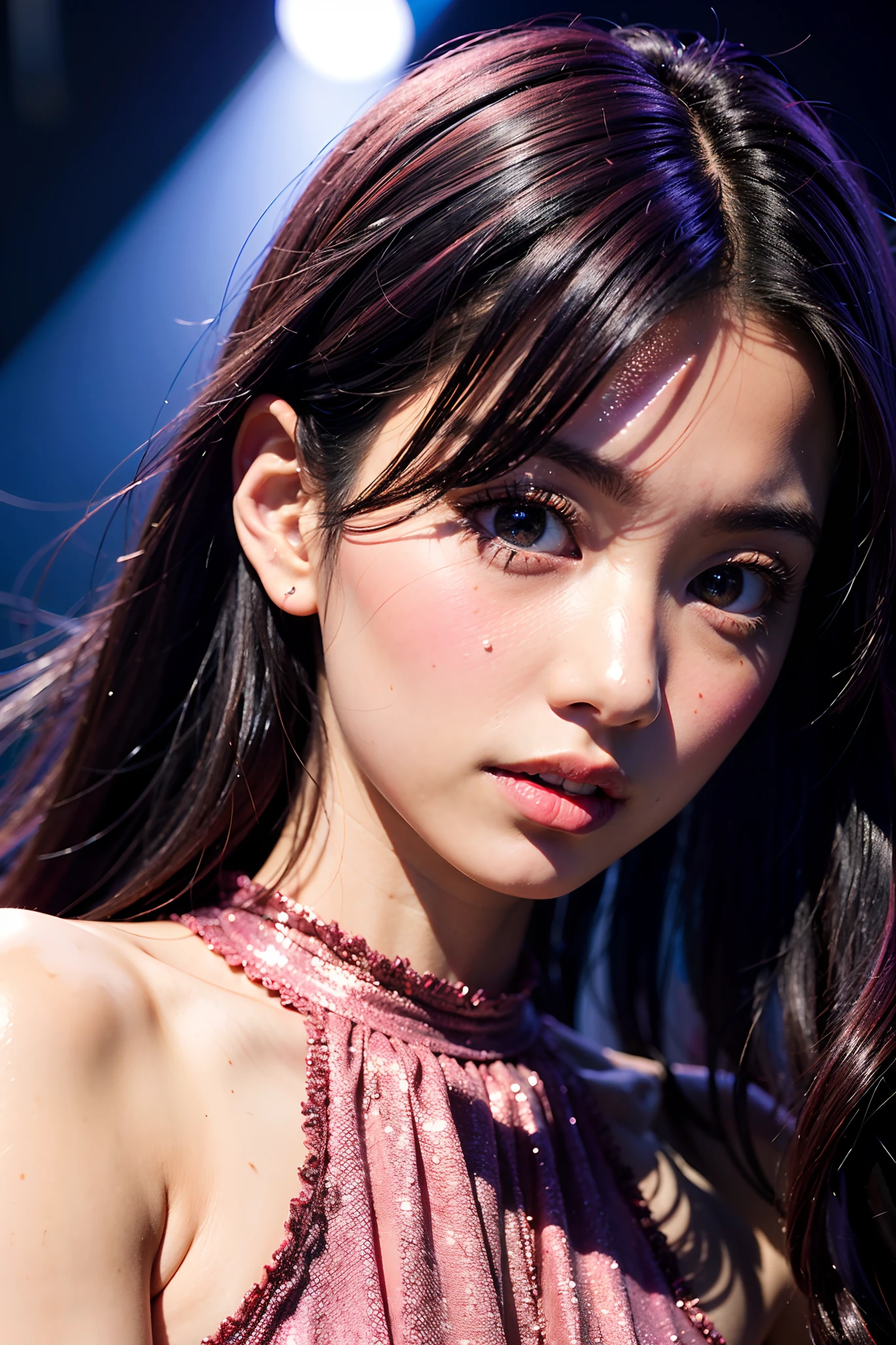 1girl, solo, RAW Photo, hoshino ai, Photograph of a young beautiful bright indonesian woman with purple long hair flow in soft curl and ((warm skin)), focused, symbol shaped pupils, wear pink dress, singing on the stage, candid shoot, (cowboy shot:1.1), best quality, masterpiece, uhd, ((photorealistic))