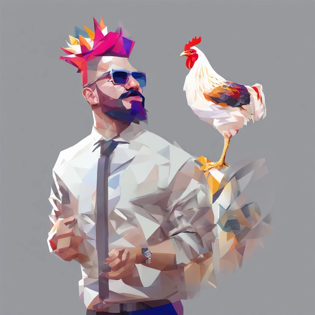 ((Man with a chicken head))、body builder、Only the head is a chicken human、Perfect centering, Wear a student team jacket, Wearing sunglasses, Wearing headphones, cheerfulness, Standing position, Abstract beauty, Centered, Looking at the camera, Facing the camera, Approaching perfection, Dynamic, Highly detailed, Smooth, Sharp Focus, 8K, hight resolution, Illustration, art by carne griffiths and wadim kashin, White background、total、Full Body Angle、flying though the air