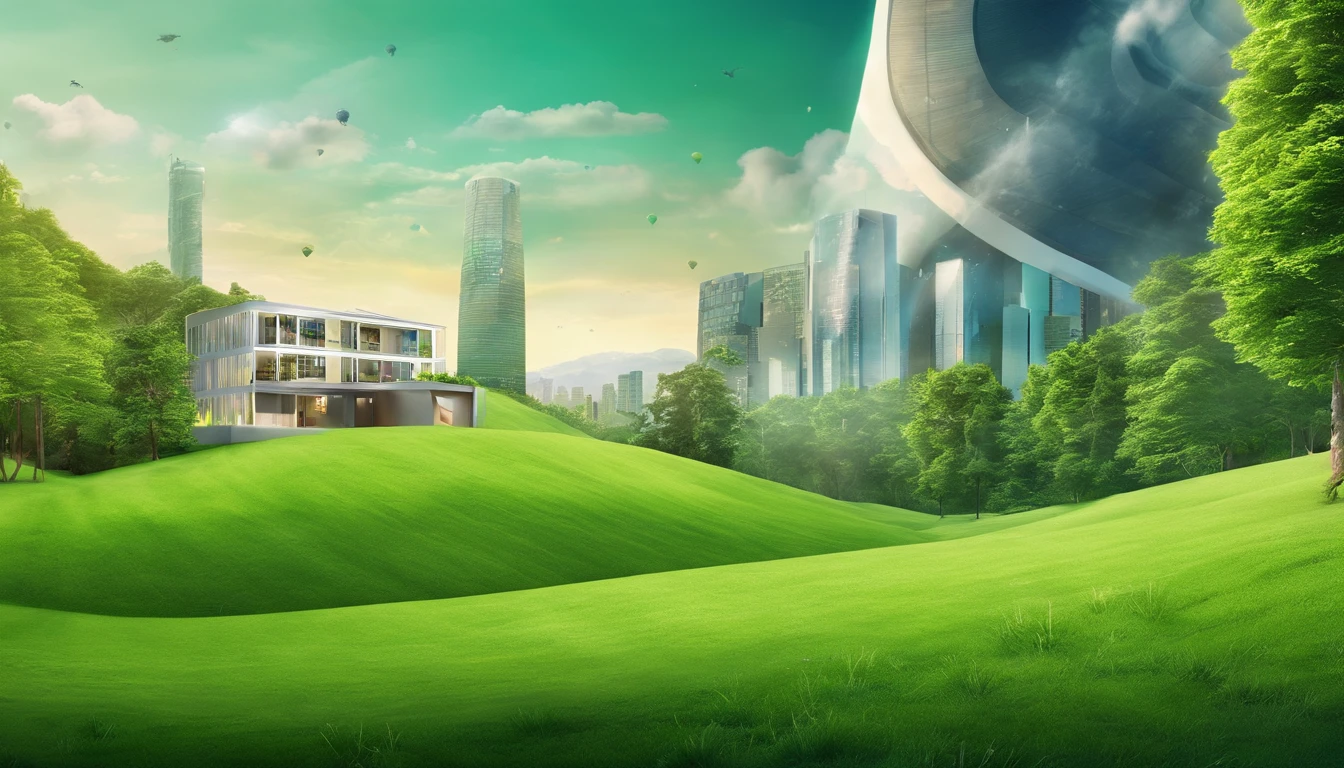 New energy,A power battery,On green meadows,There are buildings in the distance,There is light in the sky,Photorealistic photos,Light style,Surreal AI sense of technology