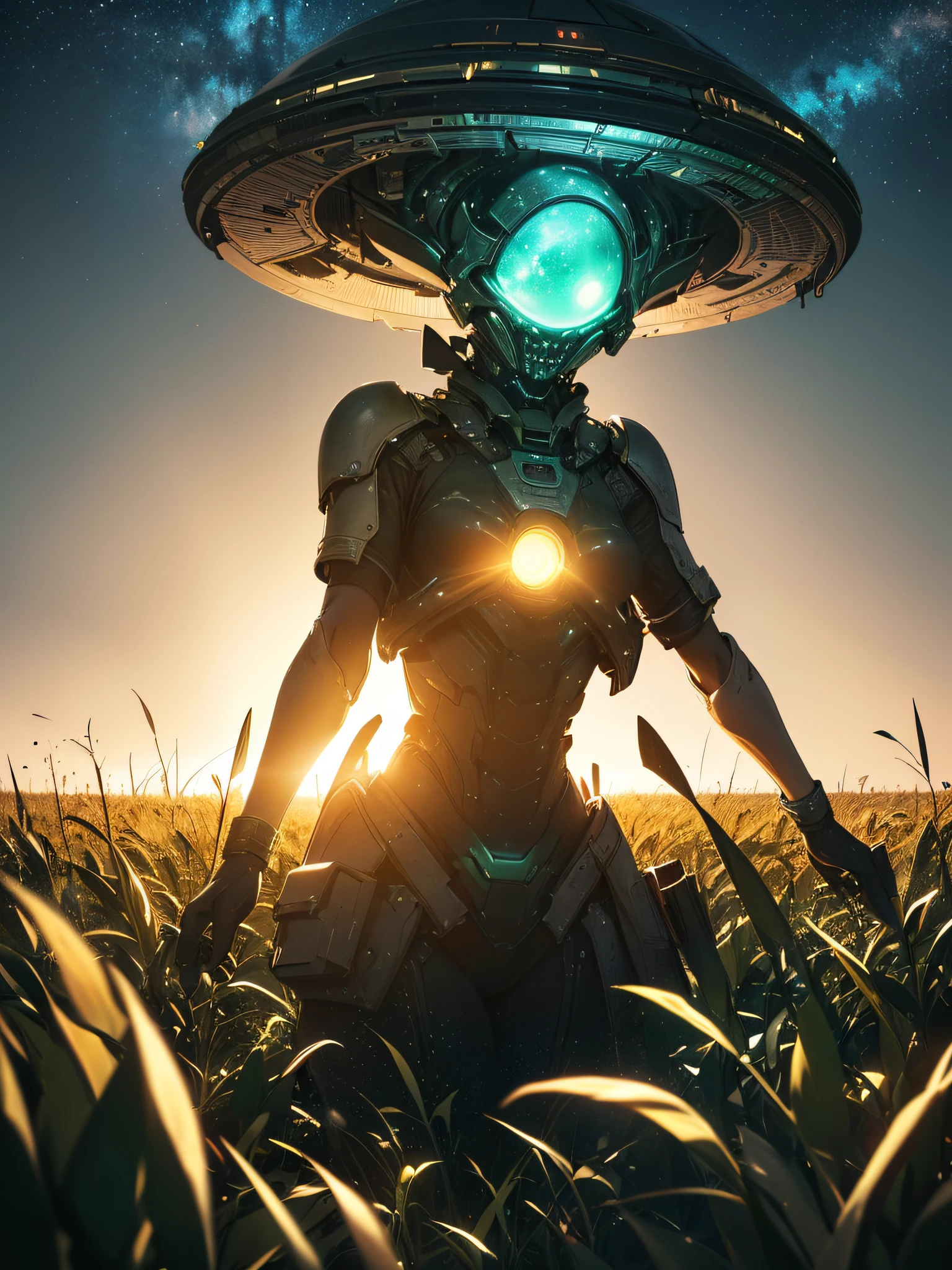 Cornfield with an alien ship landing, green lights, green smoke, darkness, gray Aliens sneakily hiding, (ultra-realistic), {extremely detailed 8k CG unit wallpaper}, expansive landscape photography, ( a low view that prioritizes character and setting, (wide open field view), (low angle shot), (high light: 1.2), (low light: 0.5), (warm light source: 1.0), complex details , (iridescent colors: 1.7), (bright lighting), (atmospheric lighting), surreal, horror, horror, temporal, astral