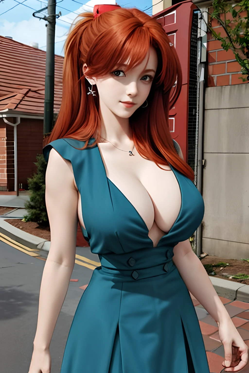 Beautiful redhead woman details defined body using skirt，gigantic cleavage breasts