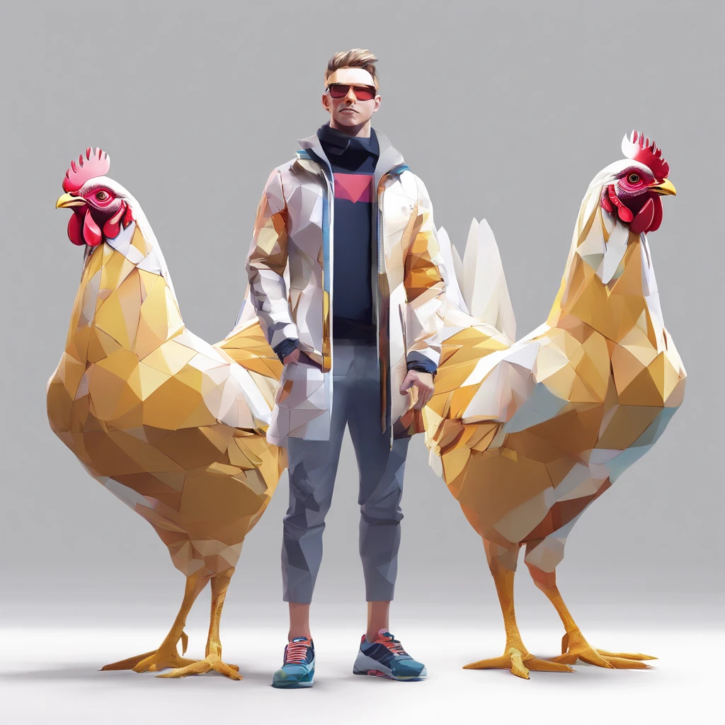 ((Man with a chicken head))、body builder、Only the head is a chicken human、Perfect centering,  Wear a student team jacket, Wearing sunglasses, Wearing headphones, cheerfulness, Standing position, Abstract beauty, Centered, Looking at the camera, Facing the camera, Approaching perfection, Dynamic, Highly detailed, Smooth, Sharp Focus, 8K, hight resolution, Illustration, art by carne griffiths and wadim kashin, White background、total、Full Body Angle、flying though the air