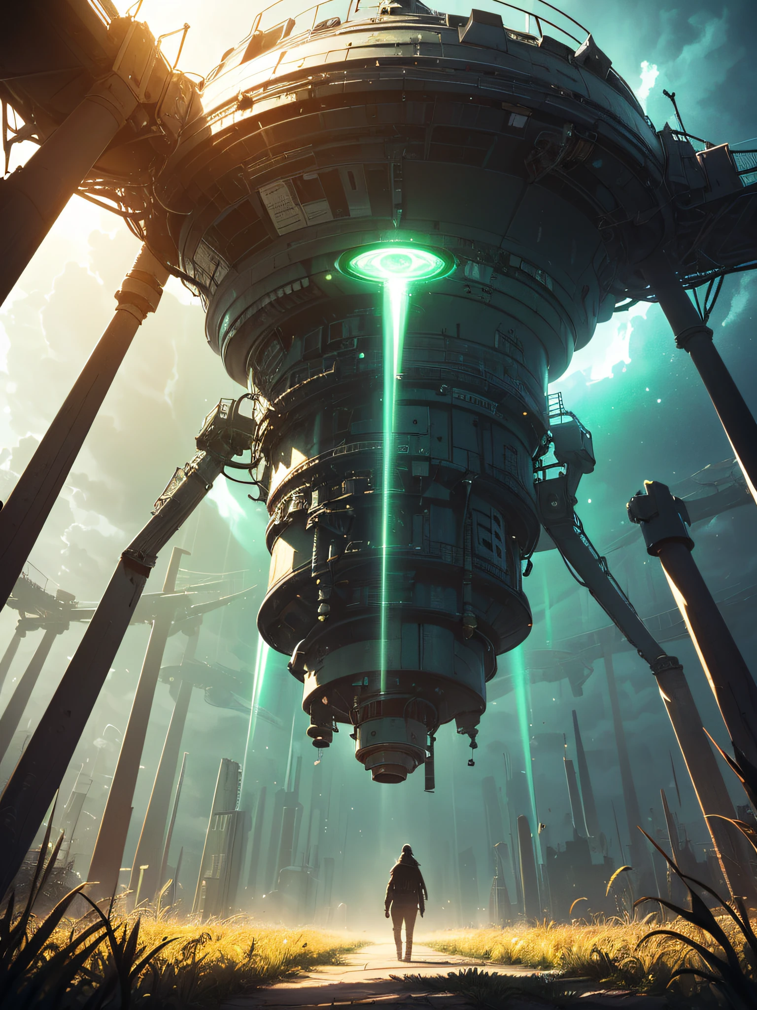 Cornfield with an alien ship landing, green lights, green smoke, darkness, gray Aliens sneakily hiding, (ultra-realistic), {extremely detailed 8k CG unit wallpaper}, expansive landscape photography, ( a low view that prioritizes character and setting, (wide open field view), (low angle shot), (high light: 1.2), (low light: 0.5), (warm light source: 1.0), complex details , (iridescent colors: 1.7), (bright lighting), (atmospheric lighting), surreal, horror, horror, temporal, astral