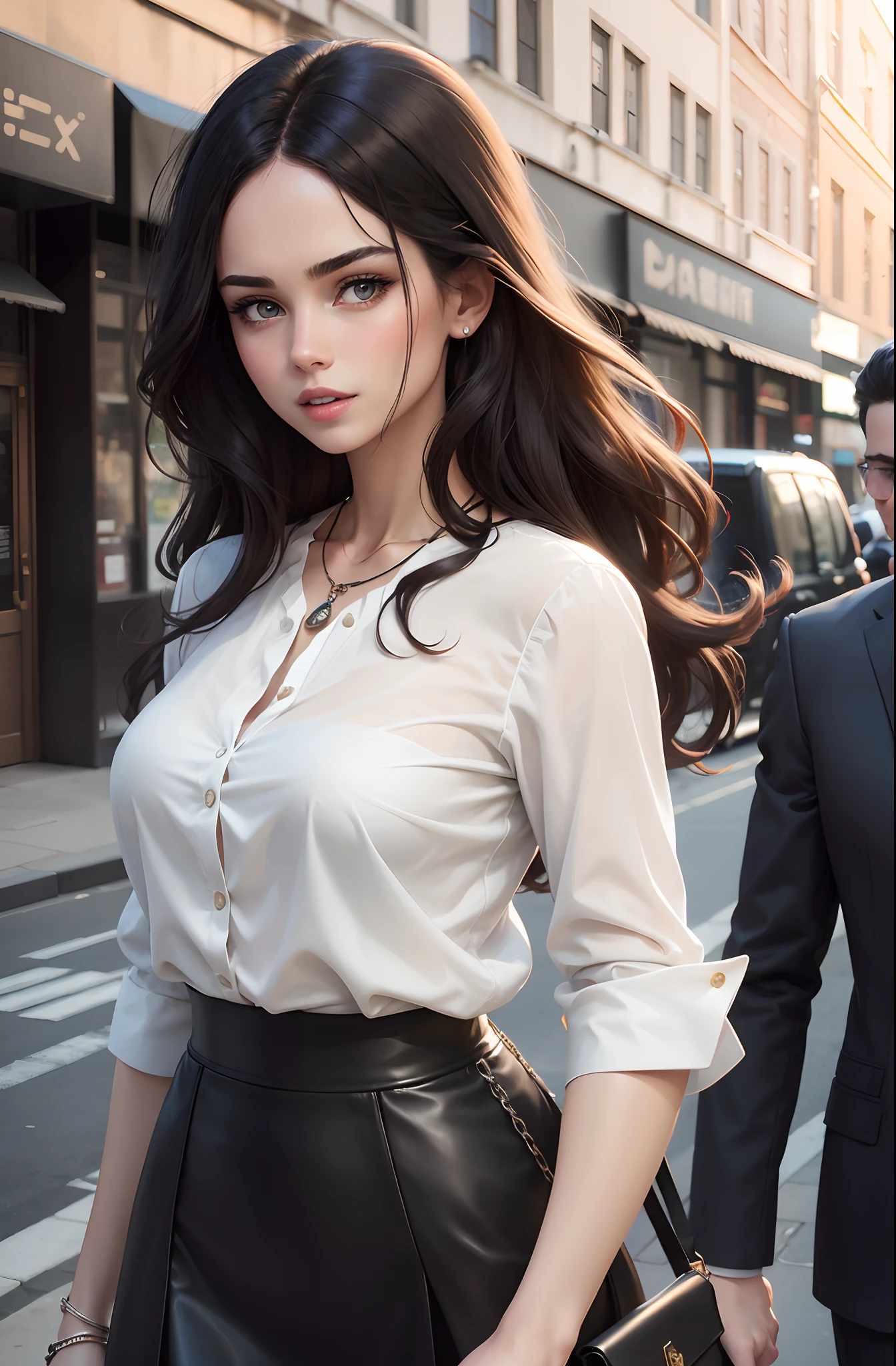 ((Quality work)), The lines are clear and concise, a handsome female, Detailed white blouse, Detailed black leather skirt above the knee, necklace around the neck, Wavy dark hair, The perfect European face, Beautiful European face, Attractive, Big gorgeous blue eyes, mouth open, Teeth are not visible, Happy, the perfect body, Goes outside, walks down the street, City streets, Los Angeles, Full-length photo of a girl, Beautiful black shoes with red soles are visible, Bright colors complement each other, which enriches the layering of the whole picture, Elegant blouse, black leather skirt and beautiful black shoes with red soles, A lot adds to the character, The gesture holds a black clutch bag in his left hand, It also shows the subtle and elegant side of a woman.