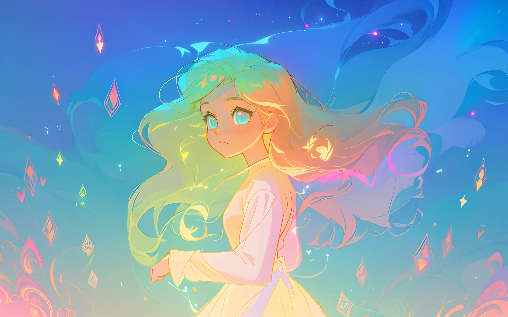 anime, a girl with long hair, princess long sleeve flowing gown, long glowing ethereal hair, glowing flowing hair, flowing glowing hair, anime girl with cosmic hair, beautiful young wind spirit, long glowing hair, beautiful anime art style, beautiful digital illustration, ethereal anime, a beautiful artwork illustration, blonde anime girl with long hair, inspired by Glen Keane, inspired by Lois van Baarle, disney art style, by Lois van Baarle, glowing aura around her, by Glen Keane, jen bartel, glowing lights