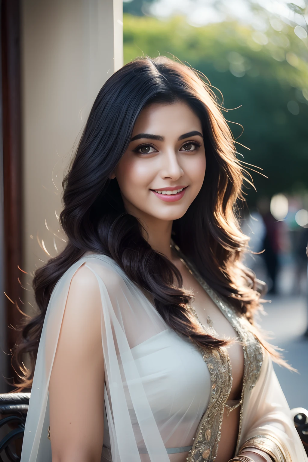 Portrait of A confident-looking genelia d'souza with long flowing hair, hazel eyes, with flowing capes, sitting in the park, wearing saree, cute smile on face, city streets background, bokeh, with perfect composition, hyperrealistic, super detailed, 8k, high quality, trending art, trending on artstation, sharp focus, studio photo, intricate details, highly detailed, art by greg rutkowski