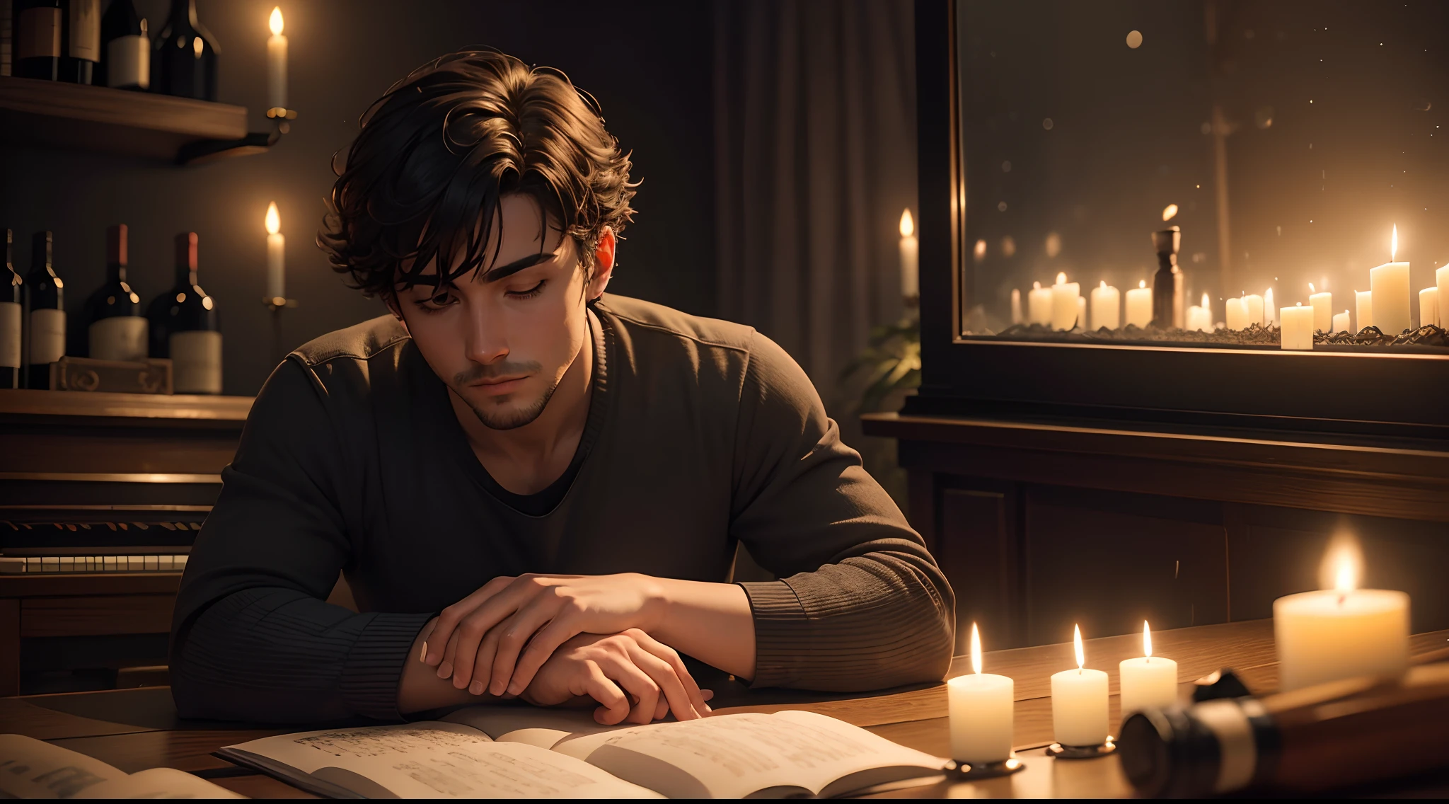 A man, laying on a table, dark room, fish tank, a piano in the background, candles, wine bottles