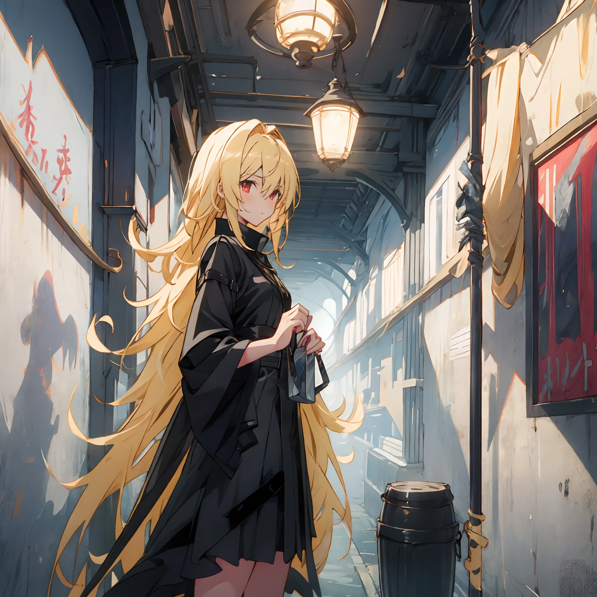 Yami the Golden Darkness wearing gloss black battle dress, hands in pockets, staring at another person, messy long yellow hair, cute red eyes, 8k resolution, very detailed, anatomically correct, digital painting, concept art, Shinkai Makoto style, clear picture, city, 1girl