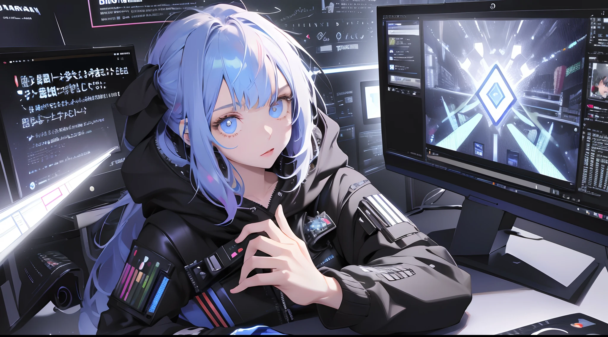 (absurdres, highres, ultra detailed), 1girl,computer,typing, solo, extremely detailed eyes, colorful, highest detailed, looking at viewer, solo, (full body), detailed background, detailed face, (watchdogs theme) advanced technology, hoodie,electronics, (holographic display),