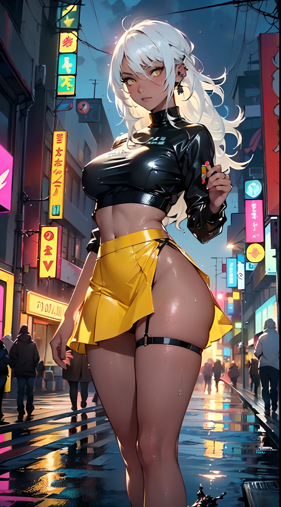 dark skin,very dark skin,dark_skin,
girl rave,(((1girl))),((girl with extremely cute and beautiful white hair)),
(large breasts:1.4),saggy breasts,(((white hair:1.35,straight hair,long hair:1.4,colored inner hair,ear breathing))),(((light_yellow_eyes:1.3))),intricate eyes,beautiful detailed eyes,symmetrical eyes,big eyes:15,((fat)),((((black girl,black skin,dark-skinned_female,dark skin:1.3,ebony skin,lustrous skin:1.5,bright skin: 1.5,shiny skin,very shiny skin,shiny body,plastic glitter skin,exaggerated shiny skin,shiny skin like ebony,illuminated skin, wet legs))),(spider lower abdomen,narrow waist,wide hip,athletic body,inflated legs,detailed body,(detailed face)),
cute,slutty,seductive,erotic,(((nsfw))),
zettai ryouiki,revealing clothing,show skin,((rave shirt with an yellow print,rave mini-skirt,visible thong straps)),(wearing a rave outfit:1.3,rave clothes,semi-naked,with little clothing),((wet clothes,intricate outfit,intricate clothes)),
(dynamic pose:1.0),solo focus,embarrassed,(centered,scale to fit dimensions,Rule of thirds),
cyberpunk city by the ocean at night, with bright neon signs and dark stormy clouds and puddles, scenery:1.25,
artistic photography,(photography taken by sldr),highres, sharp focus, (ultra detailed, extremely detailed), (photorealistic artwork:1.37),(extremely detailed CG unity 8k wallpaper),((synthwave background theme)),(((vibrant colors))),(intricate background),(masterpiece),(best quality),