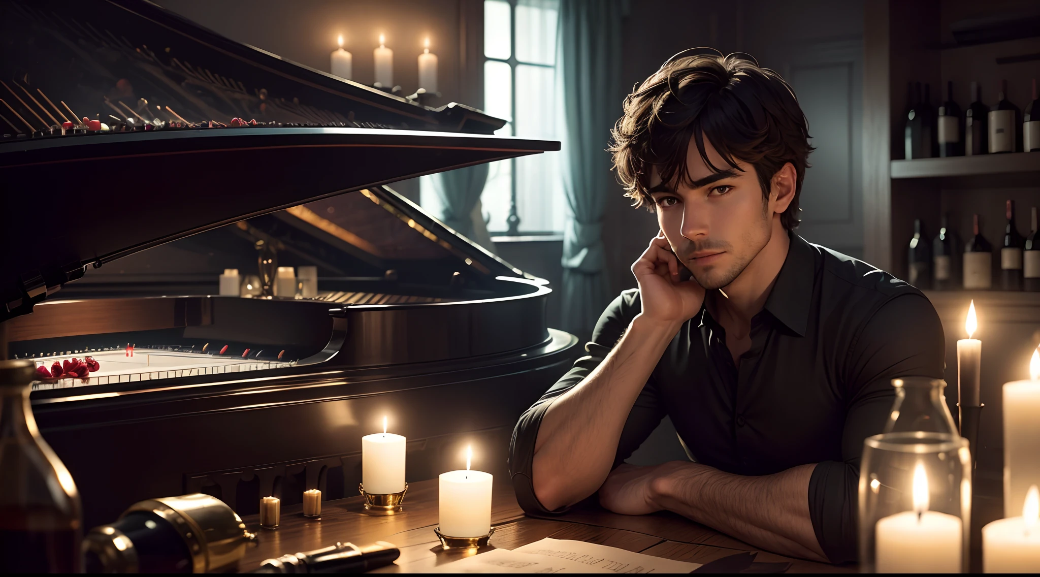 A man, laying on a table, dark room, fish tank, a piano in the background, candles, wine bottles