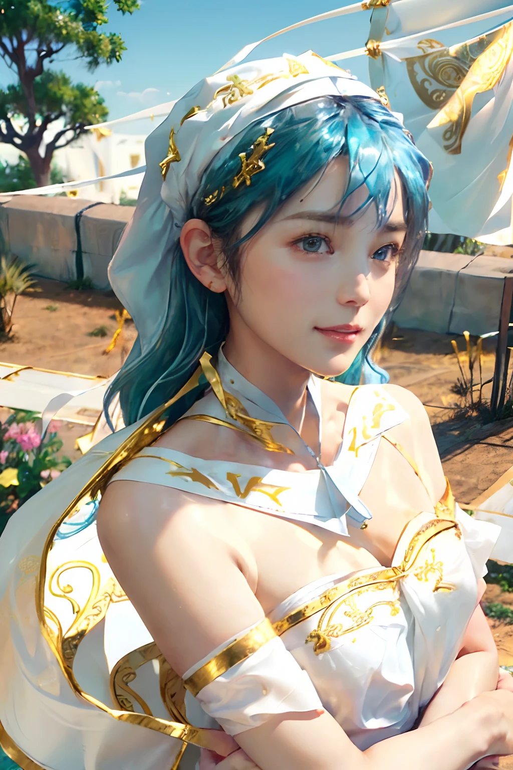 ((top-quality、8K、​masterpiece、Photorealistic:1.4、fine-textured、Beautiful and detailed)), (gold foil, Intricately drawn paisley pattern, Delicate workmanship, (White cloth:1.4), maid dress:1.5), (Medium Hair, Beautiful hairstyle, lightbluehair:1.5)、Clear, Fine-grained skin、Beautiful clear eyes、(cleavage of the breast)、Carefree and natural smile、(Hair disheveled in the wind:1.3)、Beautiful girl with a smile、In the garden:1.4、Bright sunlight(thin-waist:1.3)、(Dynamic and provocative poses:1.2)、(Backshots)