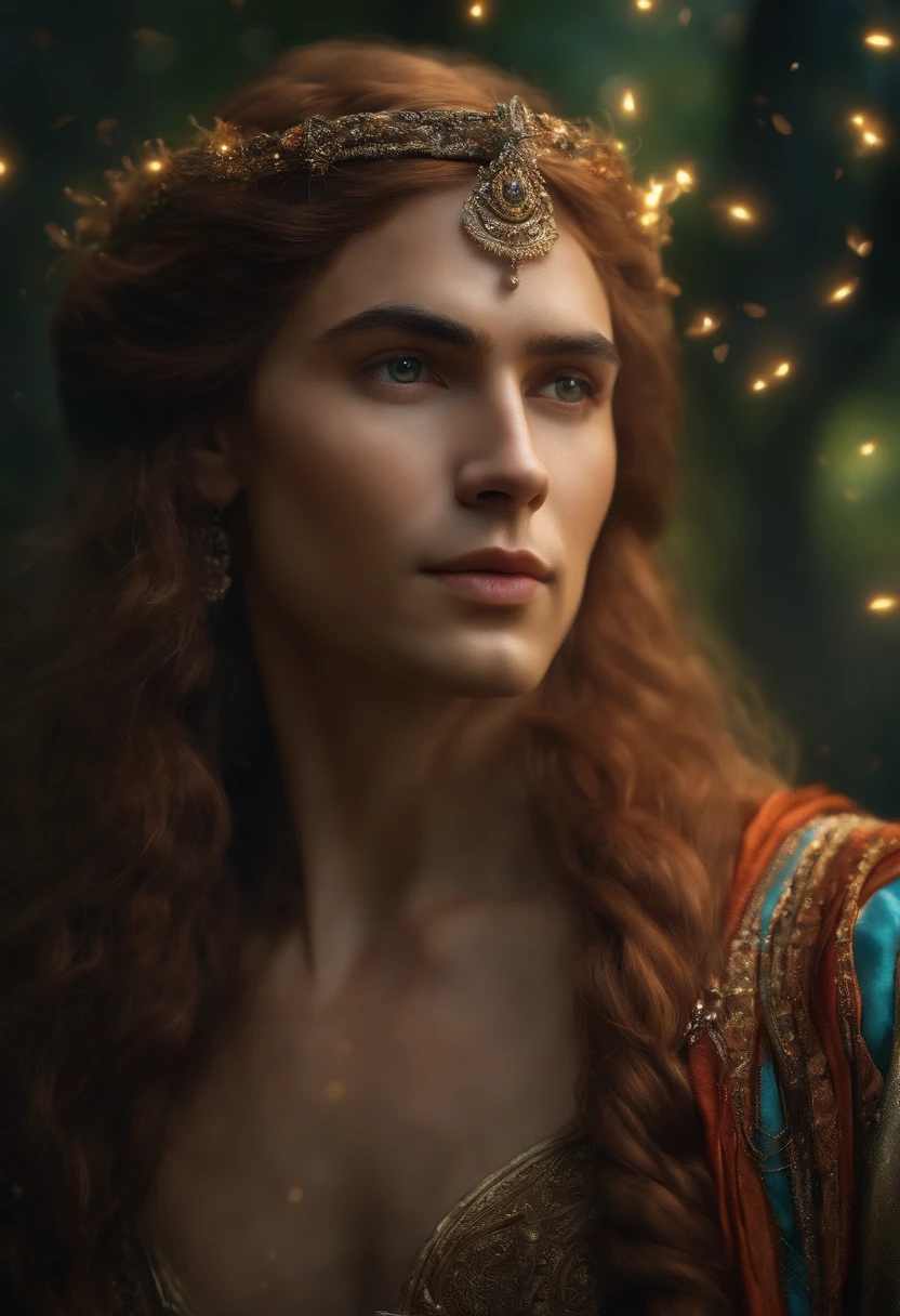 ((One Man)), Portrait of a man in a mithorogic costume, ((Long sleaves)), (best quality,4k,8k,highres,masterpiece:1.2),ultra-detailed,(realistic,photorealistic,photo-realistic:1.37),fantasy portrait,mythological attire,flowing strands, magical,vibrant colors,dreamy,photo-realistic mid-shot,deep forest,mystical eyes,subtle skin tone,delicately woven hair,floating particles,ethereal fantasy art,twinkling fireflies