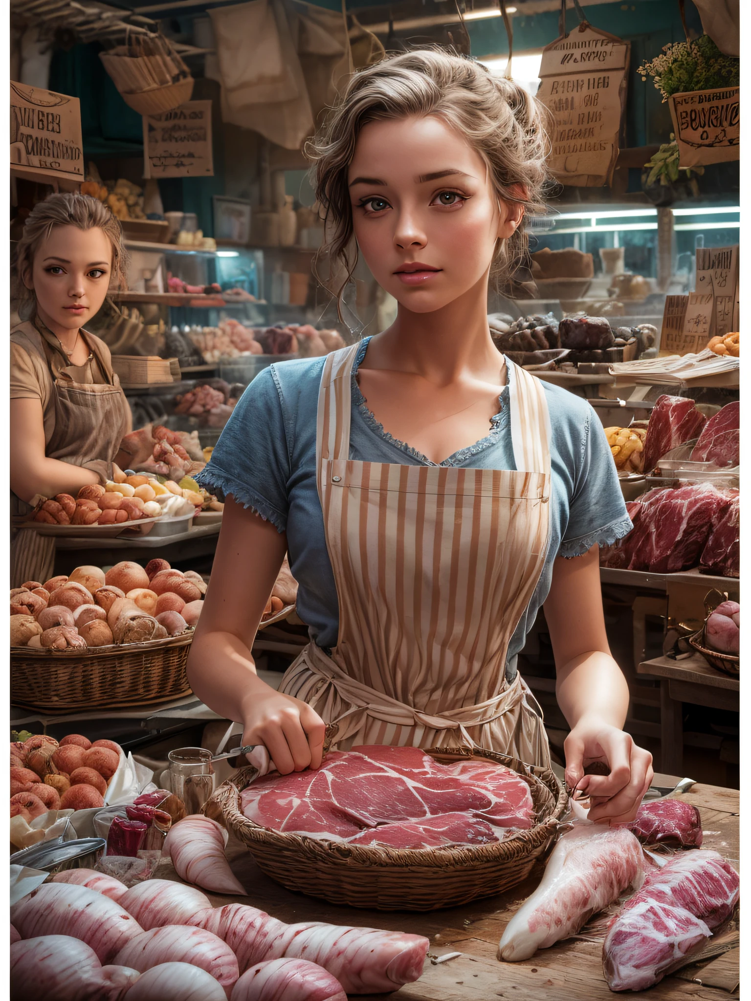 21 yo Beautiful friendly and happy Traditional Market female vendors [Elizabeth II:Maude Adams:0.45], butcher section, butcher dagger, butcher apron, detailed face, perfect face, perfect eyes, symmetric eyes, insanely detailed and intricate, ultra sharp focus, cinematic scene by Tim Burton, professional masterpiece photo realistic digital artwork by Frank Bellamy, artistic scene by Tim Burton, directional lighting, octane render, professional lightroom color grading by Mark McGee