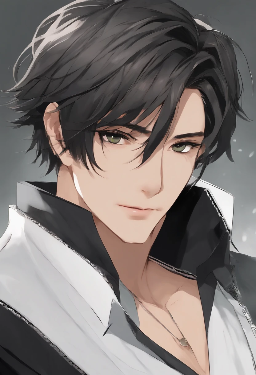master part, best quality, ((1 homem)),cabelos azuis,olhos verdes,Serious expression, sorridente,cintura para cima,arte de linha,medium hair,Blazer branco,camiseta preta,expressionless eyes,((Estilo Tite Kubo))
