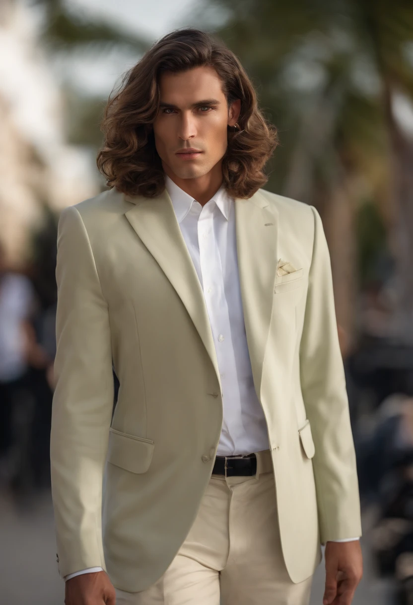 master part, best quality, ((1 homem)),cabelos azuis,olhos verdes,Serious expression, sorridente,cintura para cima,arte de linha,medium hair,Blazer branco,camiseta preta,expressionless eyes,((Estilo Tite Kubo))