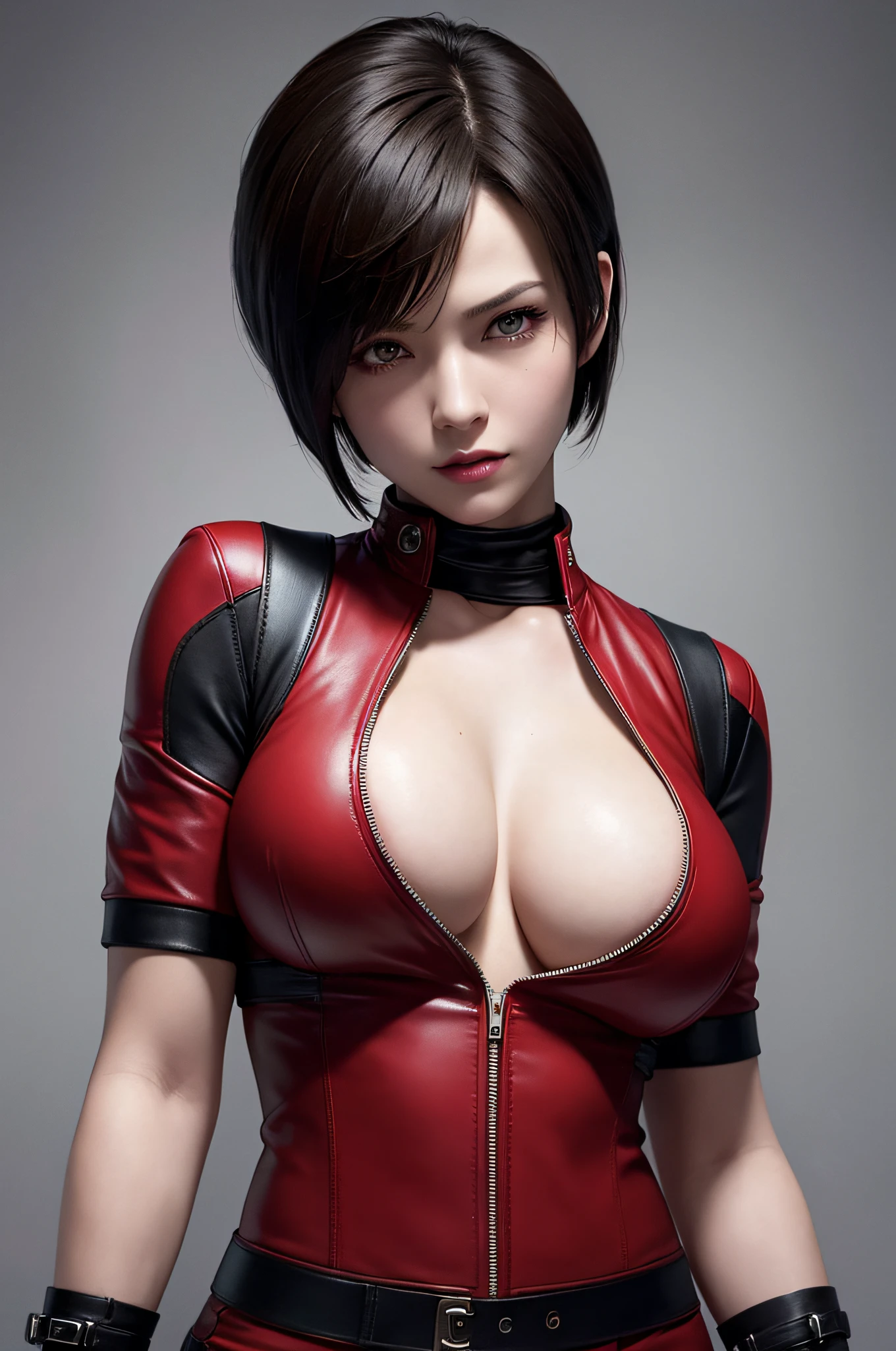 Resident Evil 6,ada,Ada Wong,ultra-quality,Photorealsitic,a red jacket,Black leather pants,An ultra-high picture quality,Digital SLR,Based on anatomical grounds,Depicted in detail,Colossal tits,A slight smil,Detailed face,