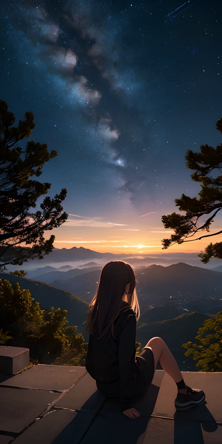 Arafed woman sitting on a ledge looking at the stars - SeaArt AI