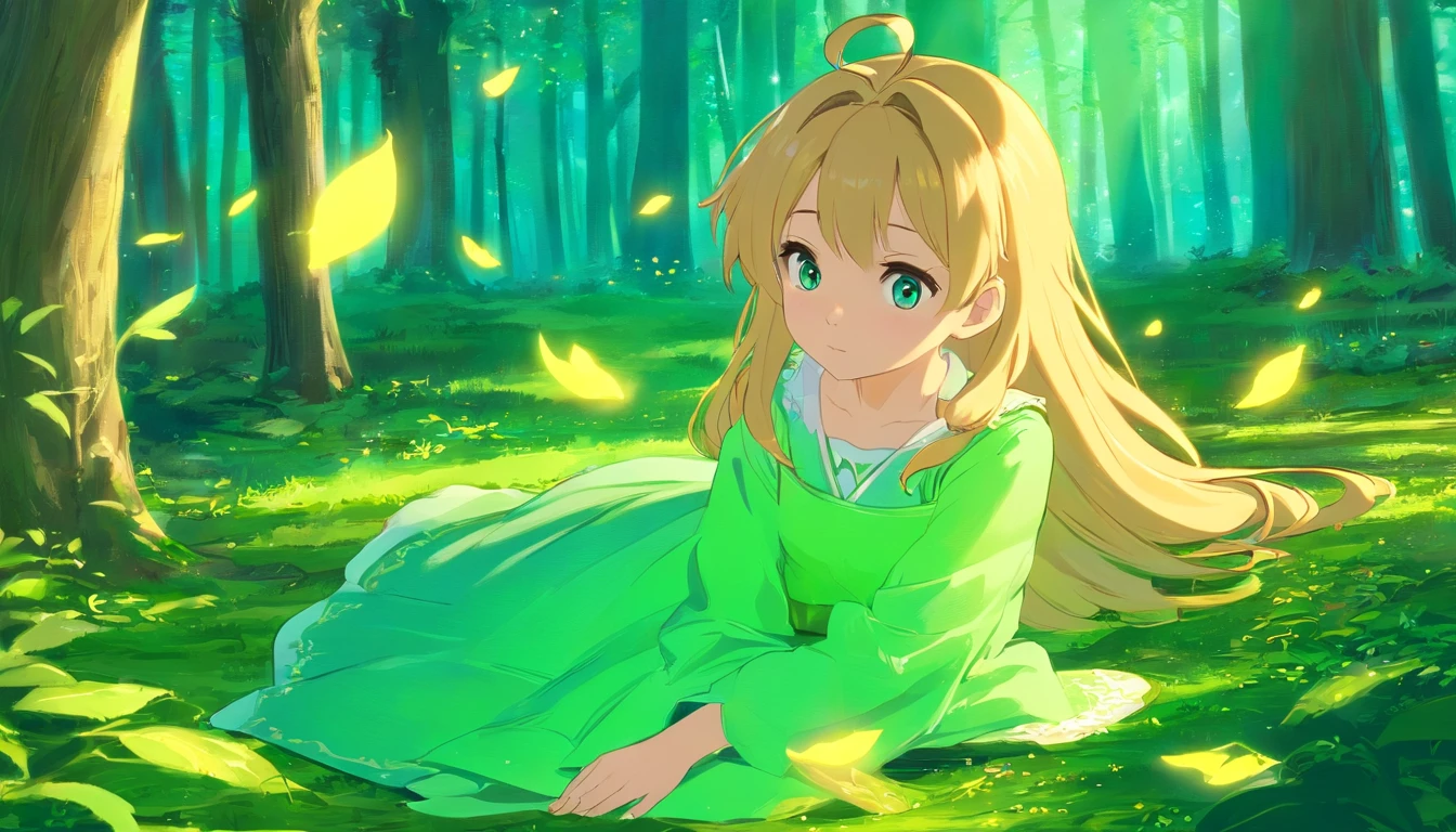 Create a captivating illustration that perfectly encapsulates the essence of Chapter 2: 'Magical Traces.' In this image, prominently feature a three-year-old girl with golden blonde hair that gleams like spun gold and deep, inquisitive blue eyes that sparkle with wonder. She is dressed in a vibrant blue dress that seems to echo the boundless sky, and atop her head, a vivid green hairband keeps her locks neatly in place. Set the stage in an enchanting forest where the ordinary meets the extraordinary. The ancient trees surrounding the girl should exude a sense of wisdom and mystique, their branches and leaves forming a protective canopy overhead. Beneath her feet, let the forest floor be adorned with delicate, glowing traces of magic. Infuse the image with an air of anticipation and discovery, as if the young girl has stumbled upon the very heart of the enchantment mentioned in the chapter's title. The scene should beckon the viewer to dive deeper into the enchanting narrative of your book, leaving them eager to uncover the secrets hidden within Chapter 2: Magical Traces.