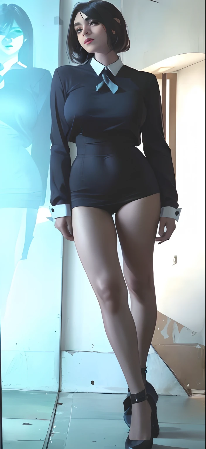 Hay una mujer con un vestido negro corto posando para una foto, con un traje negro, Ropa negra ajustada, muslos y falda, Outfit muy sexy, Vestimenta ajustada, Piernas masivas que se elevan sobre ti, Traje negro ajustado a la piel, Alto y delgado, Traje ajustado, succubus in tight short dress, buenas caderas y piernas largas, Llevar traje ajustado, Traje sexy