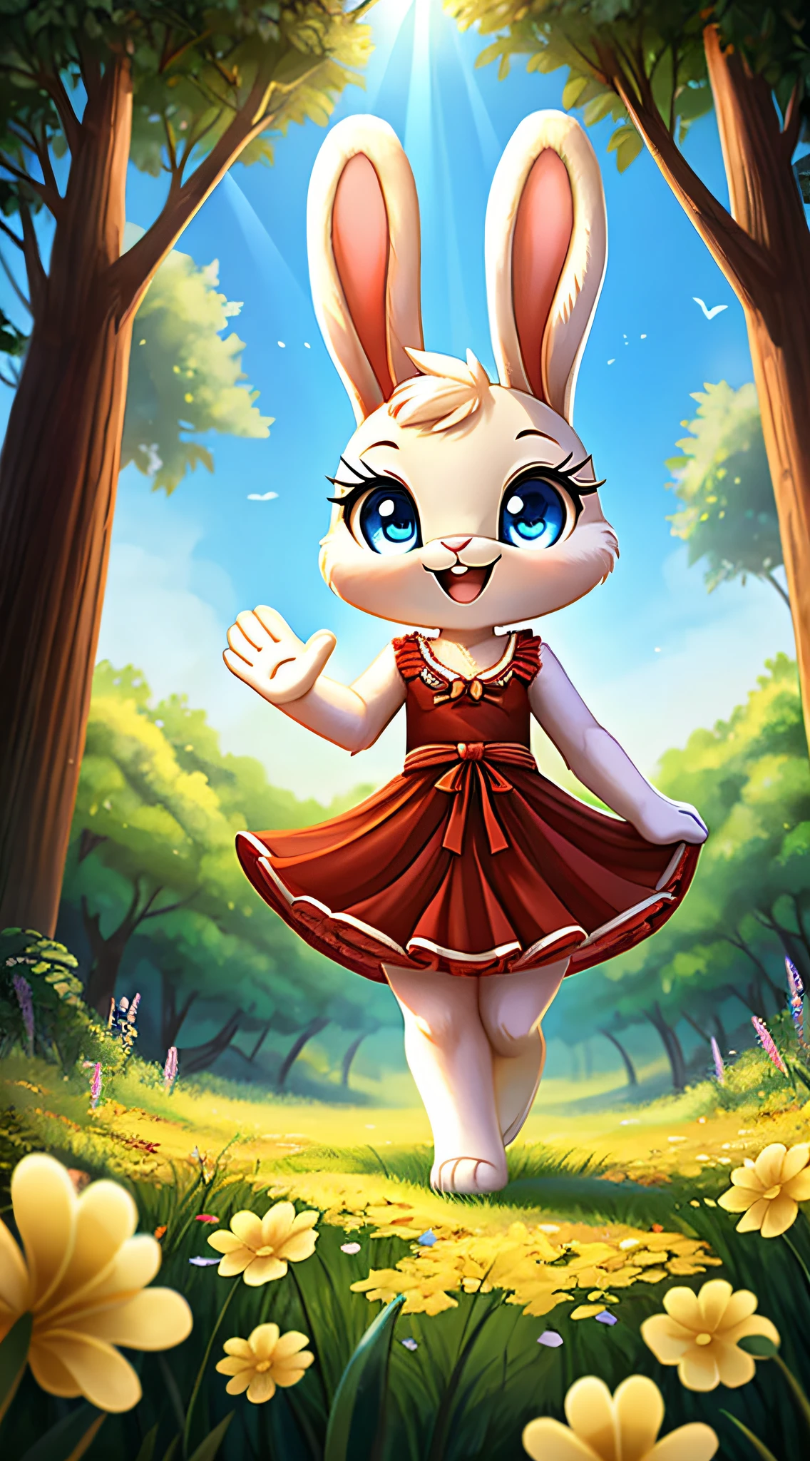 zoomed out image, fantasy style art, cute, adorable, short character, small, tiny little fluffy female white bunny with blue eyes, 4 ears, 2 extra ears, big floppy ears, long ears, ears perked up, raised ears, long eyelashes, poofy rabbit tail, wearing a red frilly ribbon dress, smiling, standing in a forest, big expressive smile, waving hello, one hand raised, one hand down, excited pose, happy to see you, open mouth, wide eyes, excited eyes, excited face, stunning visuals, sunlight coming through the trees, yellow flowers scattered in the bushes, digital illustration