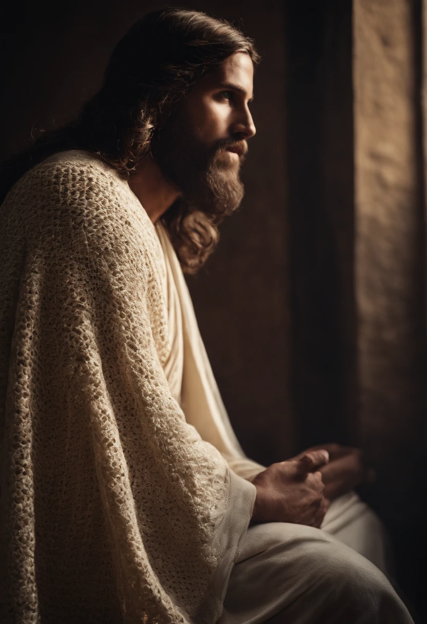 jesus cristo, clima diurno, crochet clothes, olhar fixo, foto profissional, cinematografic