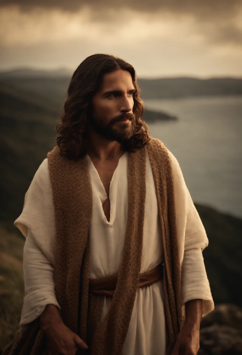 jesus cristo, clima diurno, crochet clothes, olhar fixo, foto profissional, cinematografic