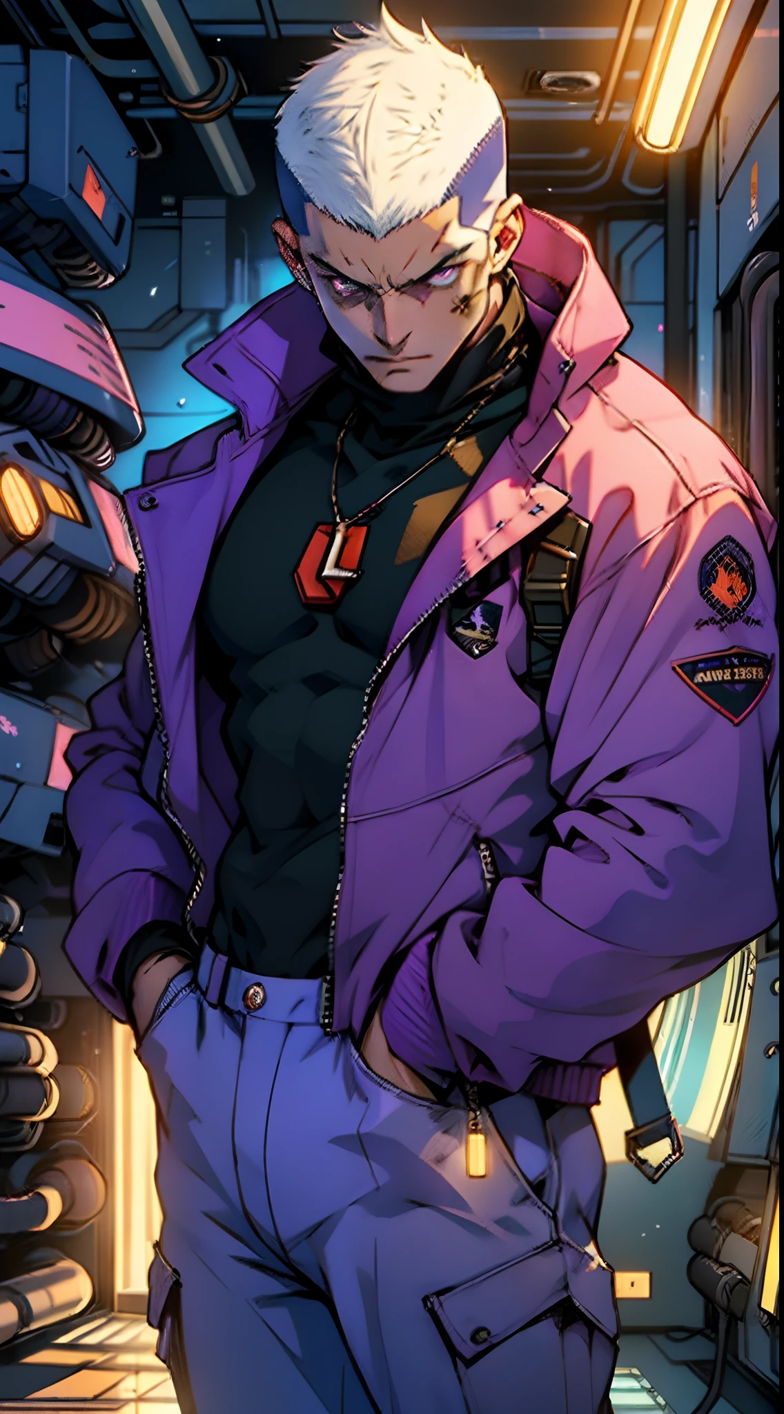 A man with a crew cut, a calm and rational expression, a wise gaze, wears a futuristic scientist's coat, primarily in shades of white, accented by touches of blue and purple, matching utility pants, standing in a mysterious laboratory of an ancient and advanced civilization, with a high-tech incubation tank emitting a faint glow in the background, this character embodies a finely crafted a futuristic sci-fi scientist in anime style, characterized by an exquisite and mature manga illustration art style, high definition, best quality, highres, ultra-detailed, ultra-fine painting, extremely delicate, professional, anatomically correct, symmetrical face, extremely detailed eyes and face, high quality eyes, creativity, RAW photo, UHD, 8k, Natural light, cinematic lighting, masterpiece:1.5