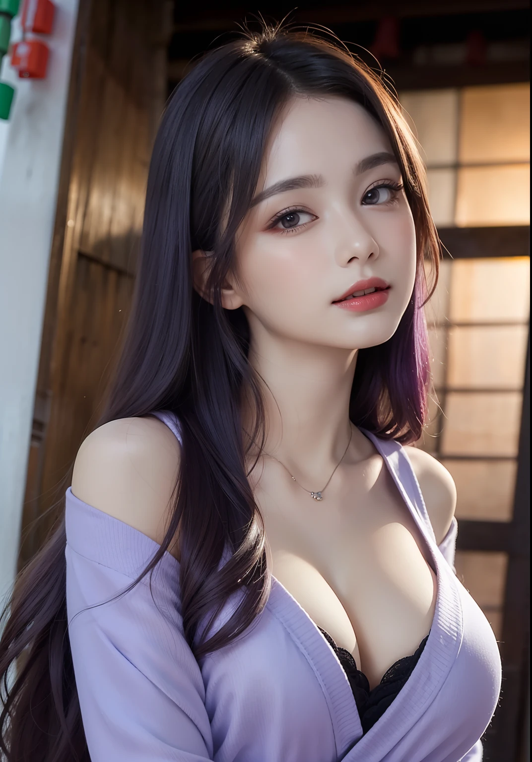 (T's masterpiece, nood,1girll, Solo, Intricate details, Looking up in perspective, color difference), realphoto,(façade), (Shoulder cut), cleavage, close-up, Smile, Sexy Enhancement,Yae Miko, Purple-blue hair, Purple and blue accents, Purple eyes, Sharp look, Perfectly symmetrical figure, Neon Shirt, Jacket exposed, Sweaters, Leaning against the wall, Brick wall, doodle, dim lights, alleyway, Looking at the viewer.((Evil streaks, Cleavage is seductive, The big is enchanting)),(((Cherry blossom background) )),((((Japanese Temple Background)))), (((Glows on a dark background)))