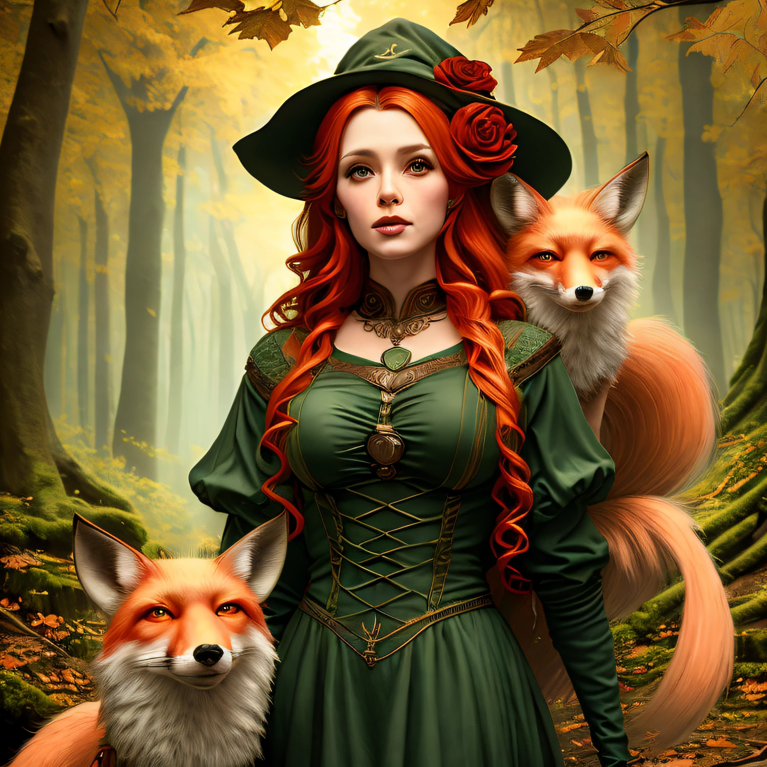 high details, best quality, 8k, [ultra detailed], masterpiece, best quality, (extremely detailed), dynamic angle, ultra wide shot, RAW, photorealistic, fantasy art, dnd art, rpg art, realistic art, a wide angle picture of a female  fairie ranger and her pet fox, warrior of nature, fighter of nature, full body, [[anatomically correct]]. dynamic position (1.5 intricate details, Masterpiece, best quality) talking to a fox (1.6 intricate details, Masterpiece, best quality) in a village (1.5 intricate details, Masterpiece, best quality), a female  wearing (medium length dark green dress) with thigh high green stockings and hat (1.4 intricate details, Masterpiece, best quality), thick hair, long hair, red hair, fair skin intense (brown) eyes, forest  background (intense details), a stream flowing in the backgraound (1.4 intricate details, Masterpiece, best quality), dawn light, clouds (1.4 intricate details, Masterpiece, best quality), dynamic angle, (1.4 intricate details, Masterpiece, best quality) 3D rendering, high details, best quality, highres, ultra wide angle, celtic fantasy, clover, poison ivy, fae, goddess of mischief, green magic, (wearing green tophat), pixie, fairy, celtic, celtic fantasy art, celtic fantasy, beautiful fairie, beautiful fairy, very beautiful fantasy art, Autumn, beautiful autumn spirit, fall season, Dark colored roses, perfect creation, perfect art, highly detailed, detailed art, masterpiece, perfect creation, perfect art, (outlined iris), (perfect eyes),