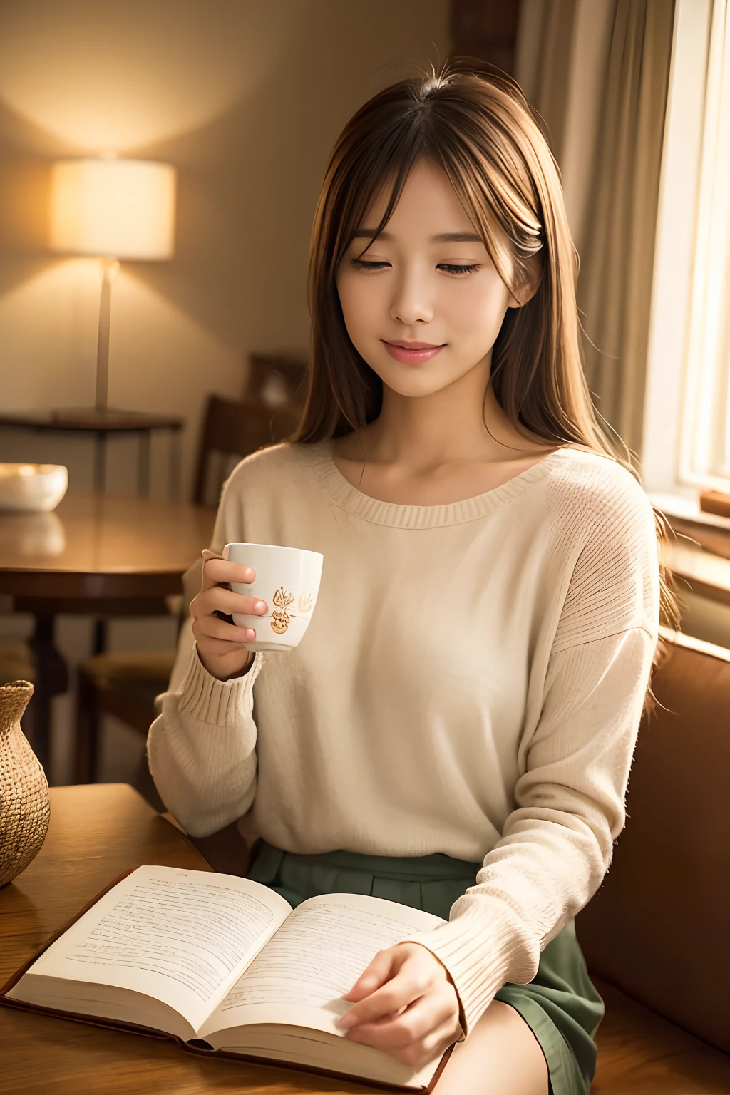Peaceful girl, Carefree and relaxed atmosphere, Surrounded by a warm and heartwarming environment. She enjoys the simple pleasures of life, Read books、Drinking tea, etc.. The scene is painted in a soft and sober art style, Similar to gentle illustration. Image quality is the highest caliber, Ultra-detailed elements and a realistic, photorealistic touch. The colors are vivid and rich, Exudes tranquility and satisfaction. The lighting is calm and warm, Shine a gentle glow on the scene, creating a cozy and inviting ambiance.